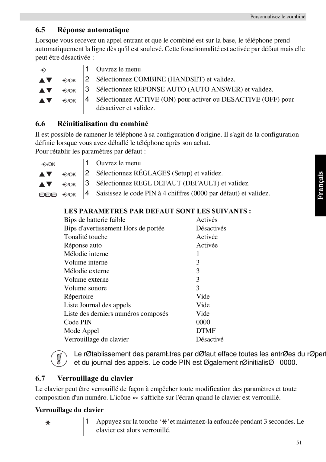 Topcom E400 manual Réponse automatique, Réinitialisation du combiné, Verrouillage du clavier, Dtmf 