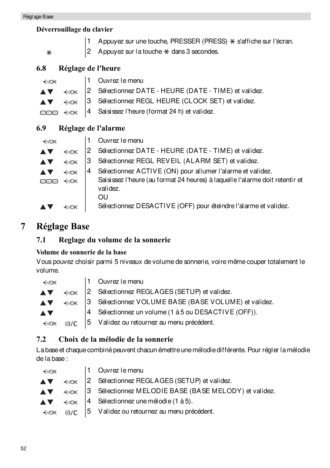 Topcom E400 Réglage Base, Réglage de lheure, Réglage de lalarme, Déverrouillage du clavier, Volume de sonnerie de la base 