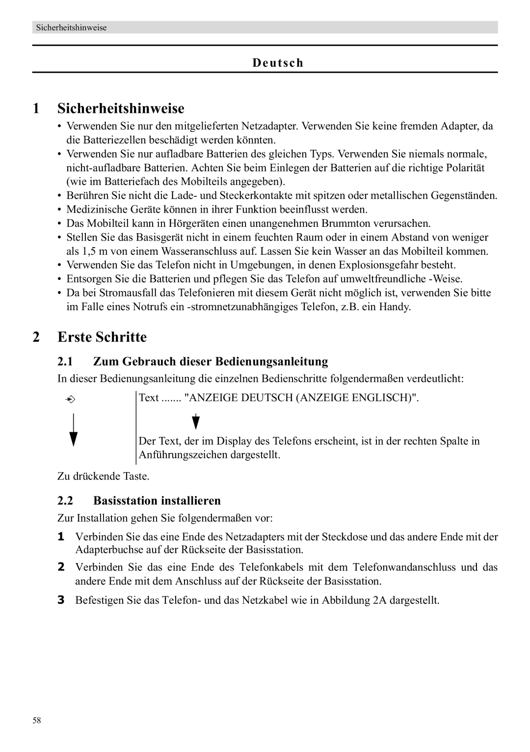 Topcom E400 manual Sicherheitshinweise, Erste Schritte, Deutsch, Zum Gebrauch dieser Bedienungsanleitung 