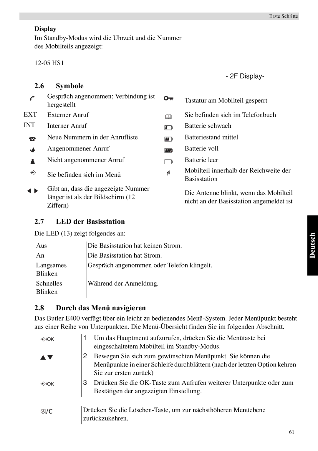 Topcom E400 manual Symbole, LED der Basisstation, Durch das Menü navigieren, Ext Int 