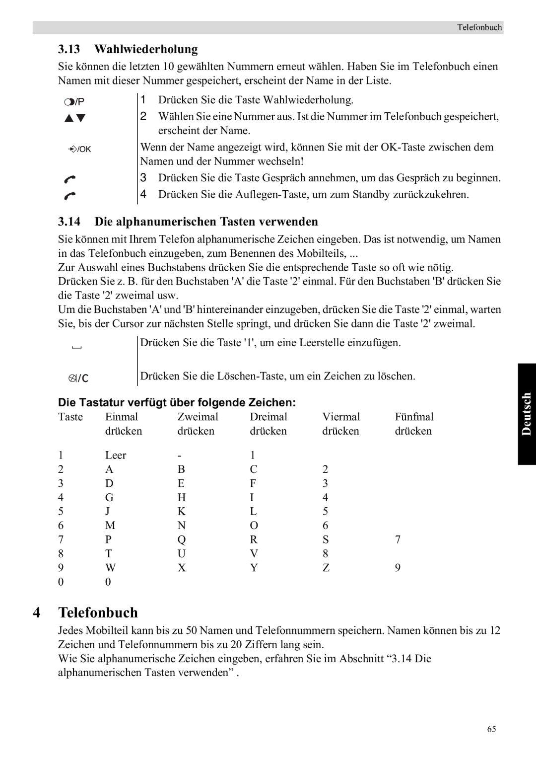 Topcom E400 manual Telefonbuch, Wahlwiederholung, Die alphanumerischen Tasten verwenden 