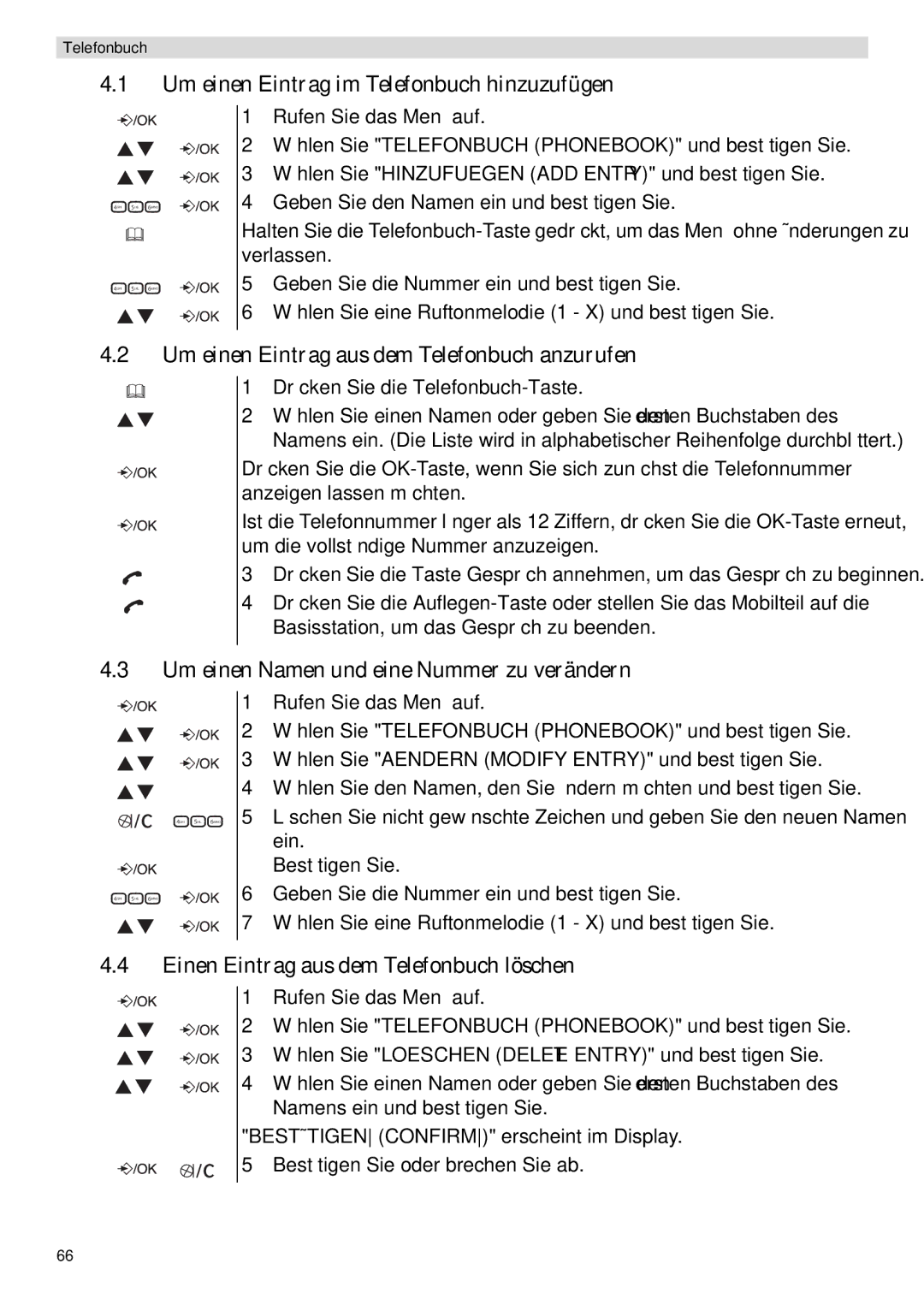 Topcom E400 manual Um einen Eintrag im Telefonbuch hinzuzufügen, Um einen Eintrag aus dem Telefonbuch anzurufen 