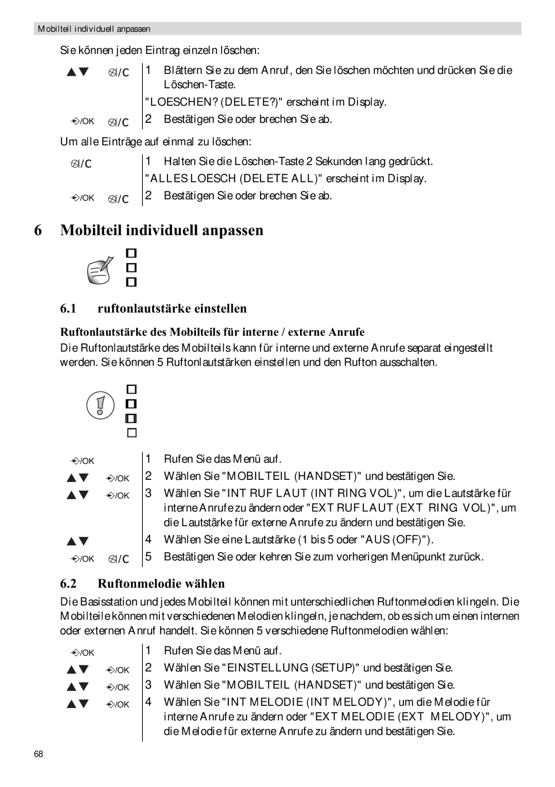 Topcom E400 manual Mobilteil individuell anpassen, Ruftonlautstärke einstellen, Ruftonmelodie wählen 