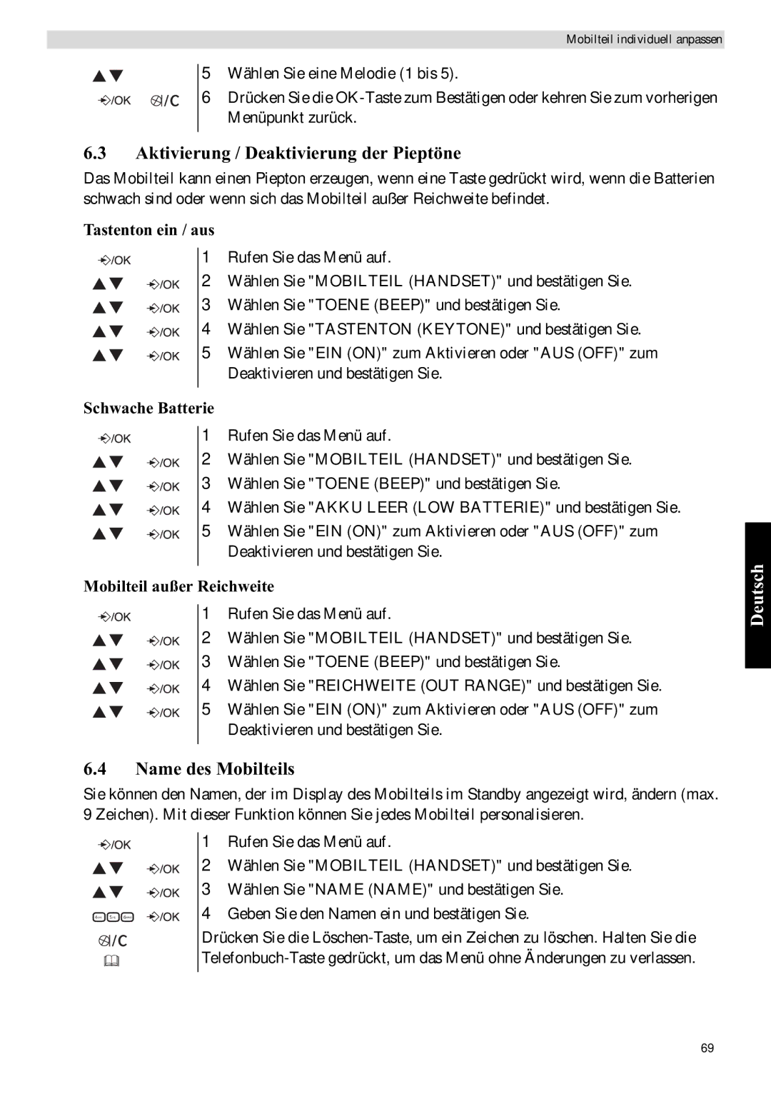 Topcom E400 manual Aktivierung / Deaktivierung der Pieptöne, Name des Mobilteils 