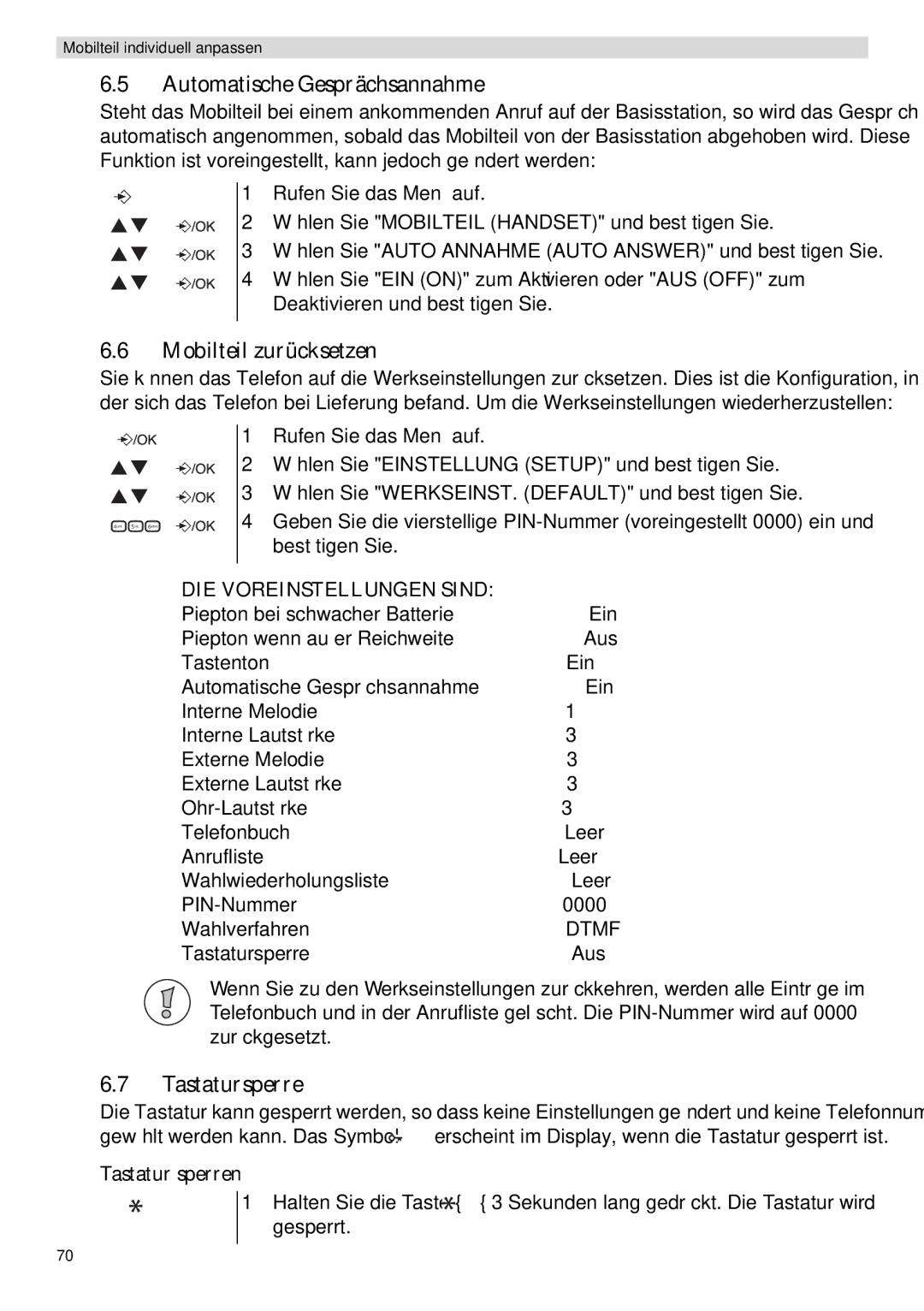 Topcom E400 manual Automatische Gesprächsannahme, Mobilteil zurücksetzen, Tastatursperre, Tastatur sperren 