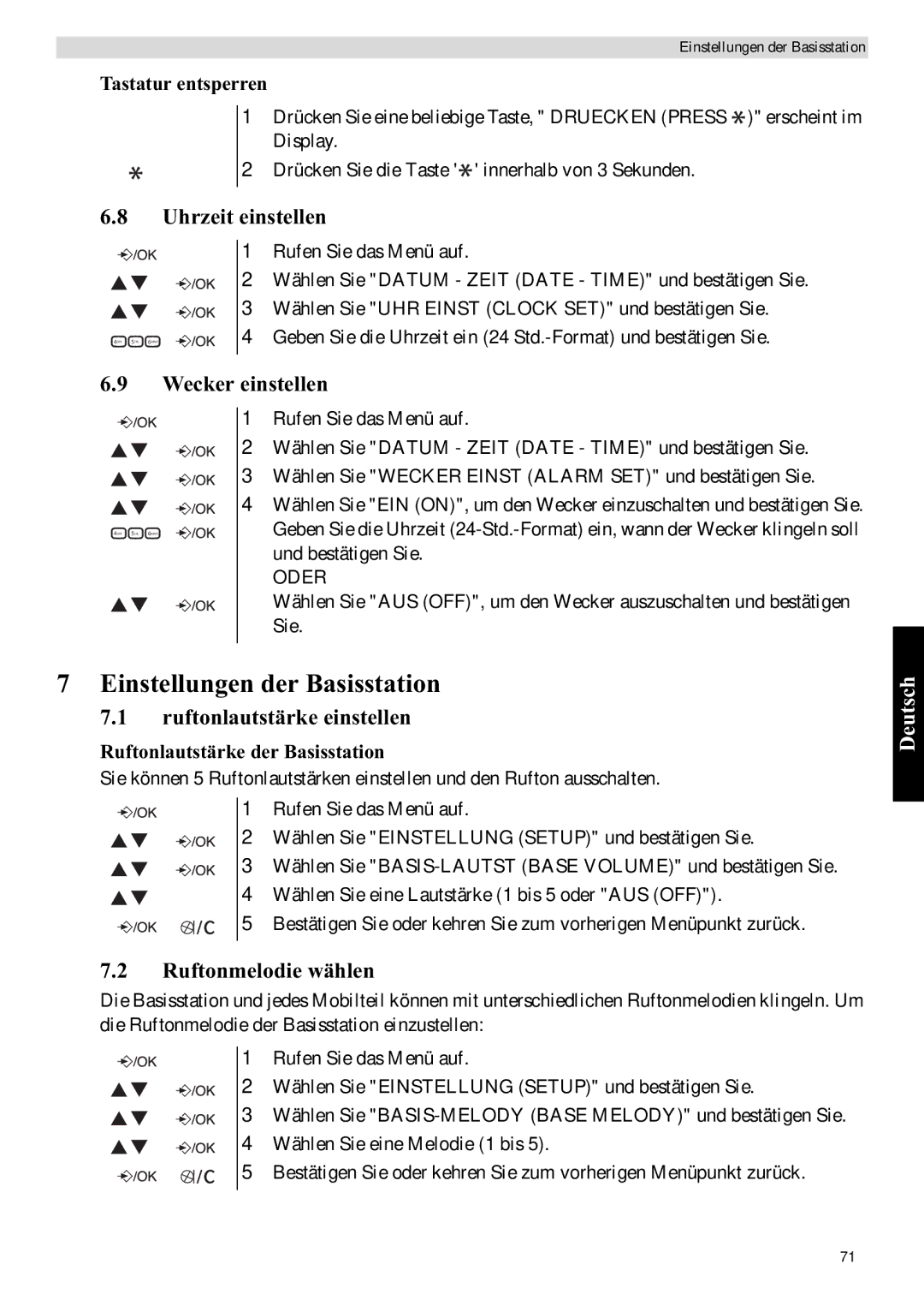 Topcom E400 manual Einstellungen der Basisstation, Uhrzeit einstellen, Wecker einstellen, Tastatur entsperren 