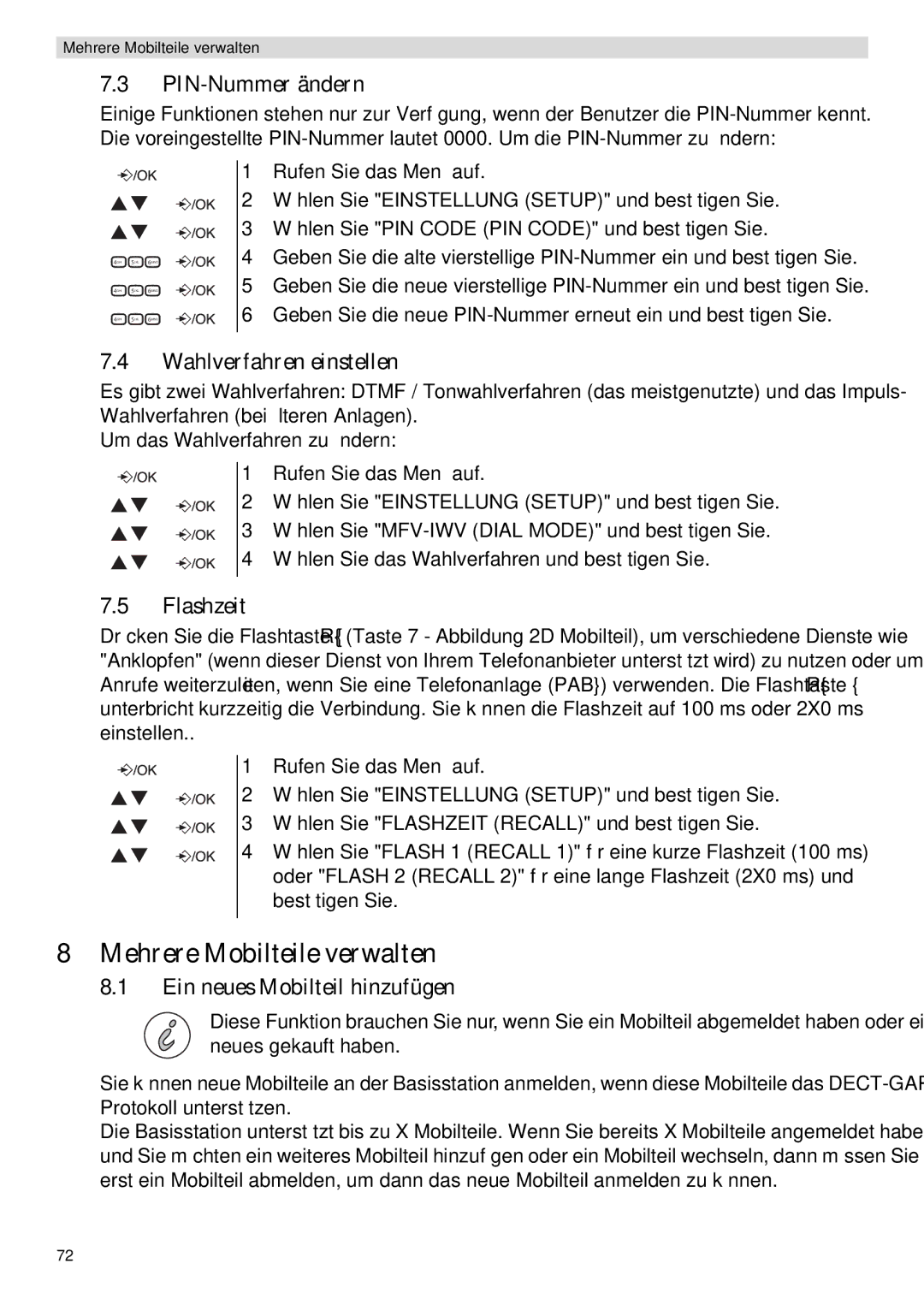 Topcom E400 manual Mehrere Mobilteile verwalten, PIN-Nummer ändern, Wahlverfahren einstellen, Flashzeit 