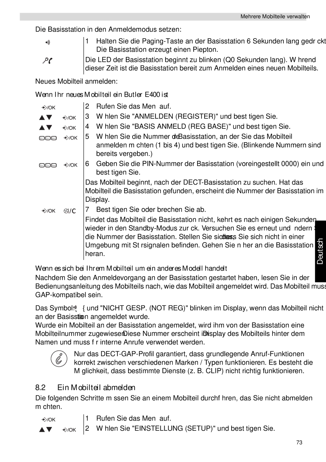 Topcom manual Ein Mobilteil abmelden, Wenn Ihr neues Mobilteil ein Butler E400 ist 