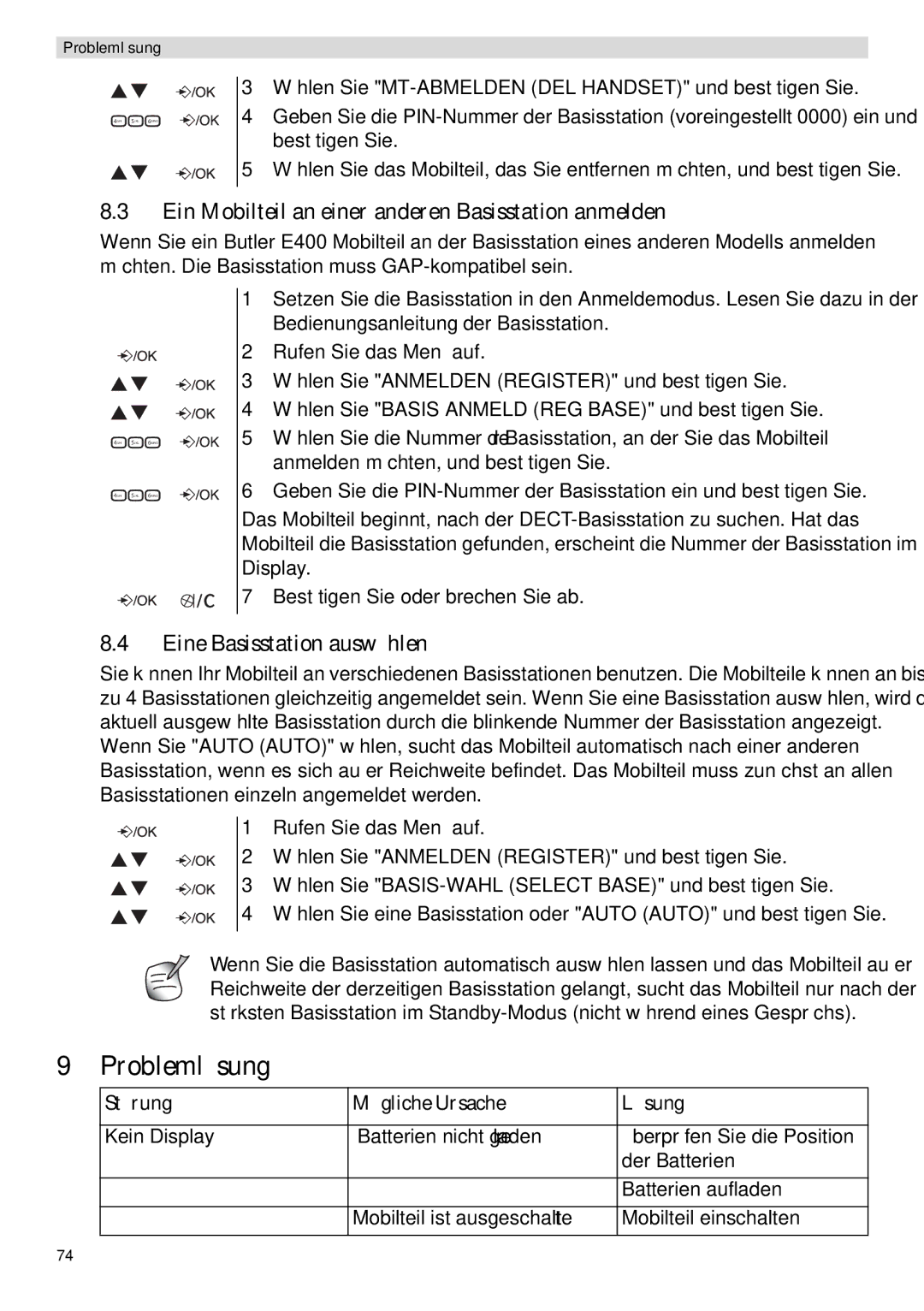 Topcom E400 manual Problemlösung, Ein Mobilteil an einer anderen Basisstation anmelden, Eine Basisstation auswählen 