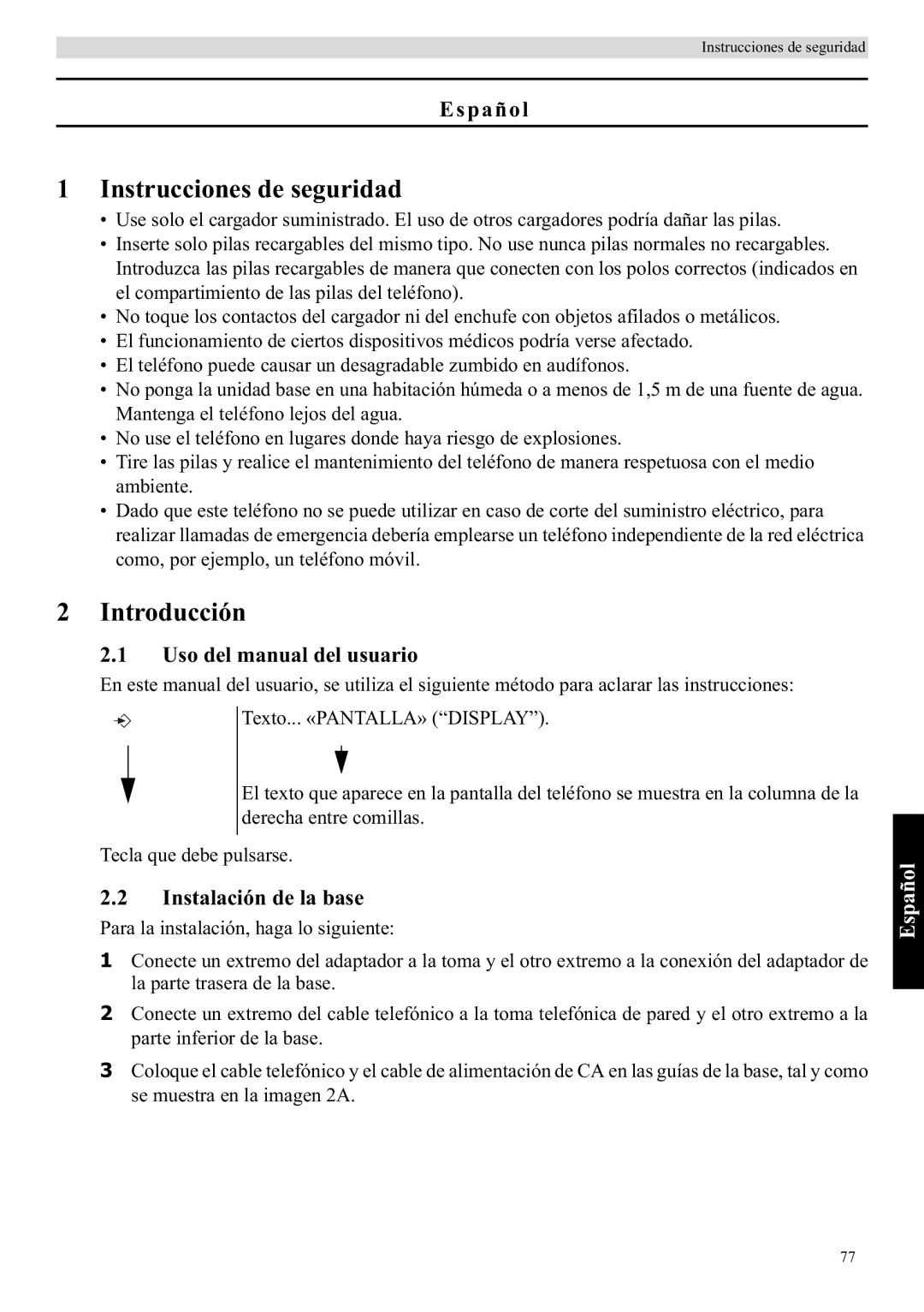 Topcom E400 Instrucciones de seguridad, Introducción, Español, Uso del manual del usuario, Instalación de la base 