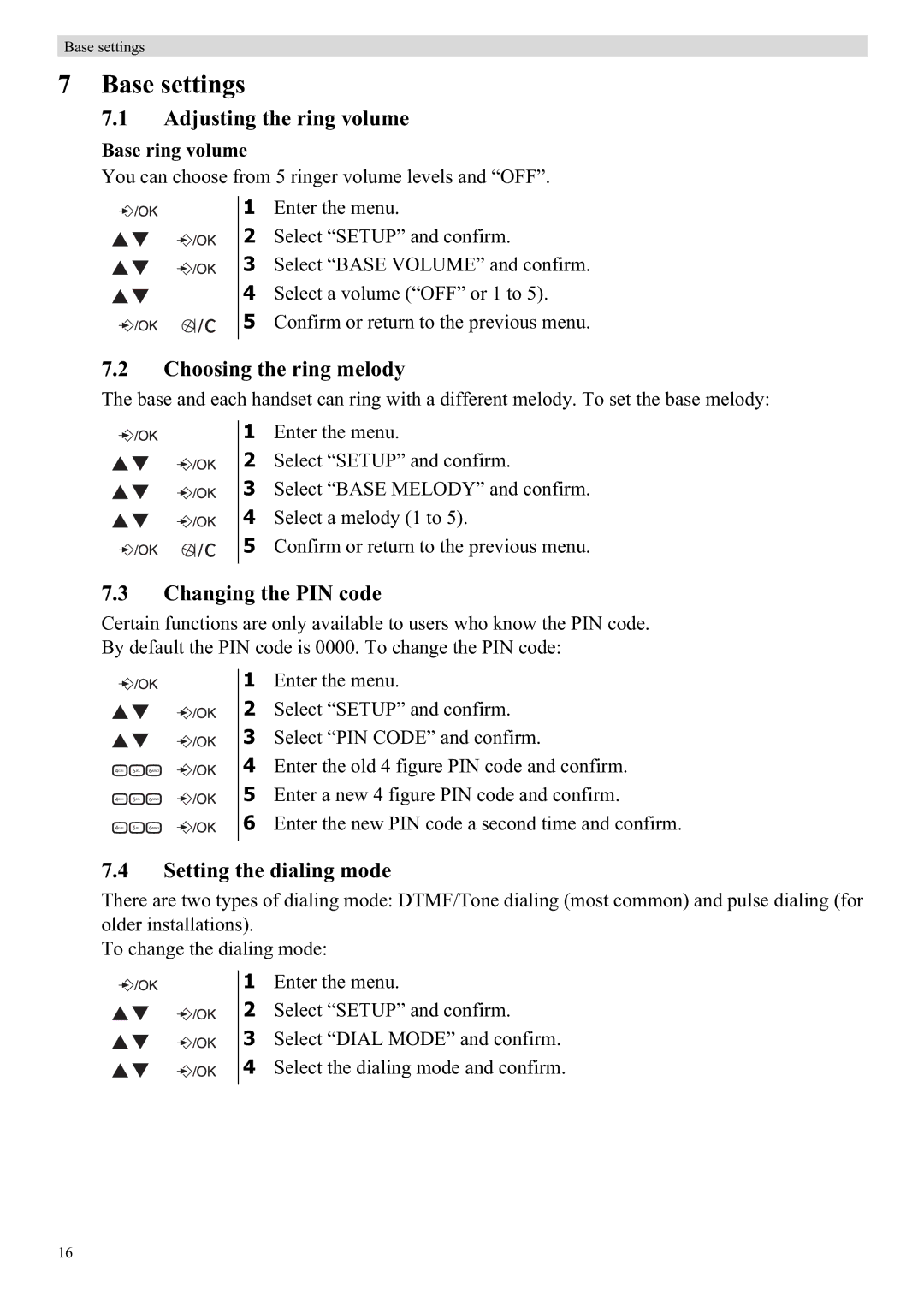 Topcom E450 manual Base settings, Changing the PIN code, Setting the dialing mode, Base ring volume 