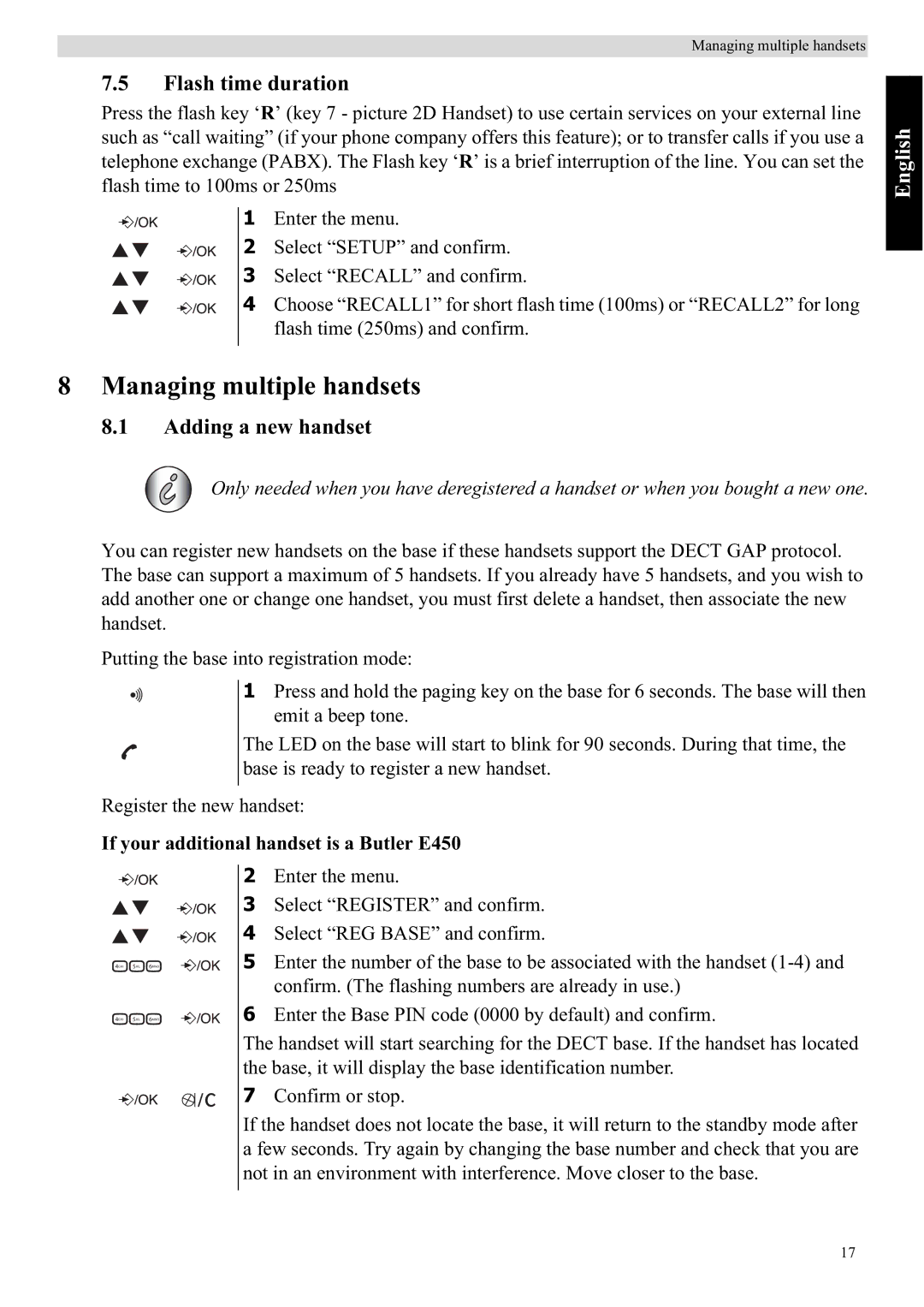 Topcom E450 manual Managing multiple handsets, Flash time duration, Adding a new handset 