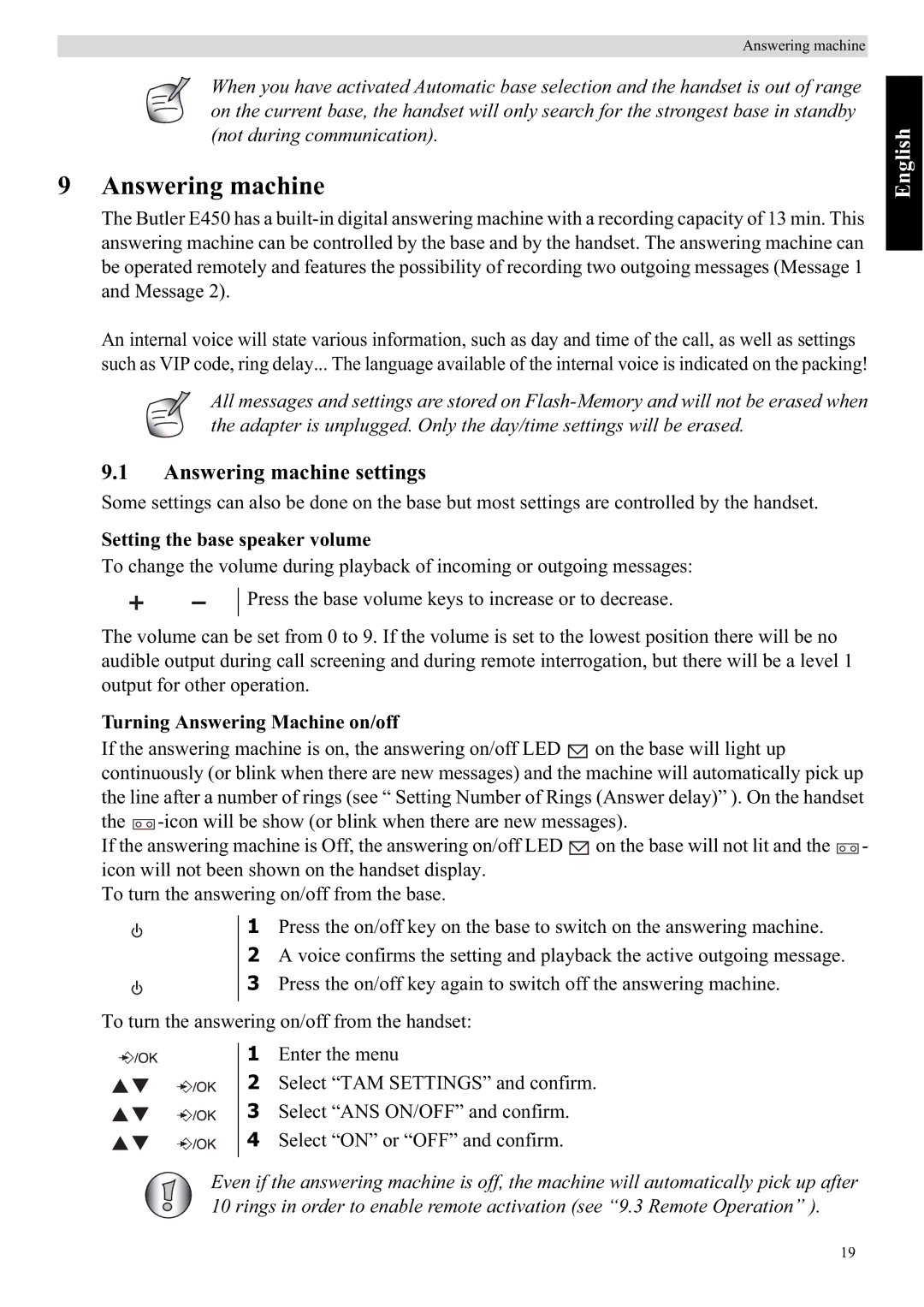 Topcom E450 manual Answering machine settings, Setting the base speaker volume, Turning Answering Machine on/off 