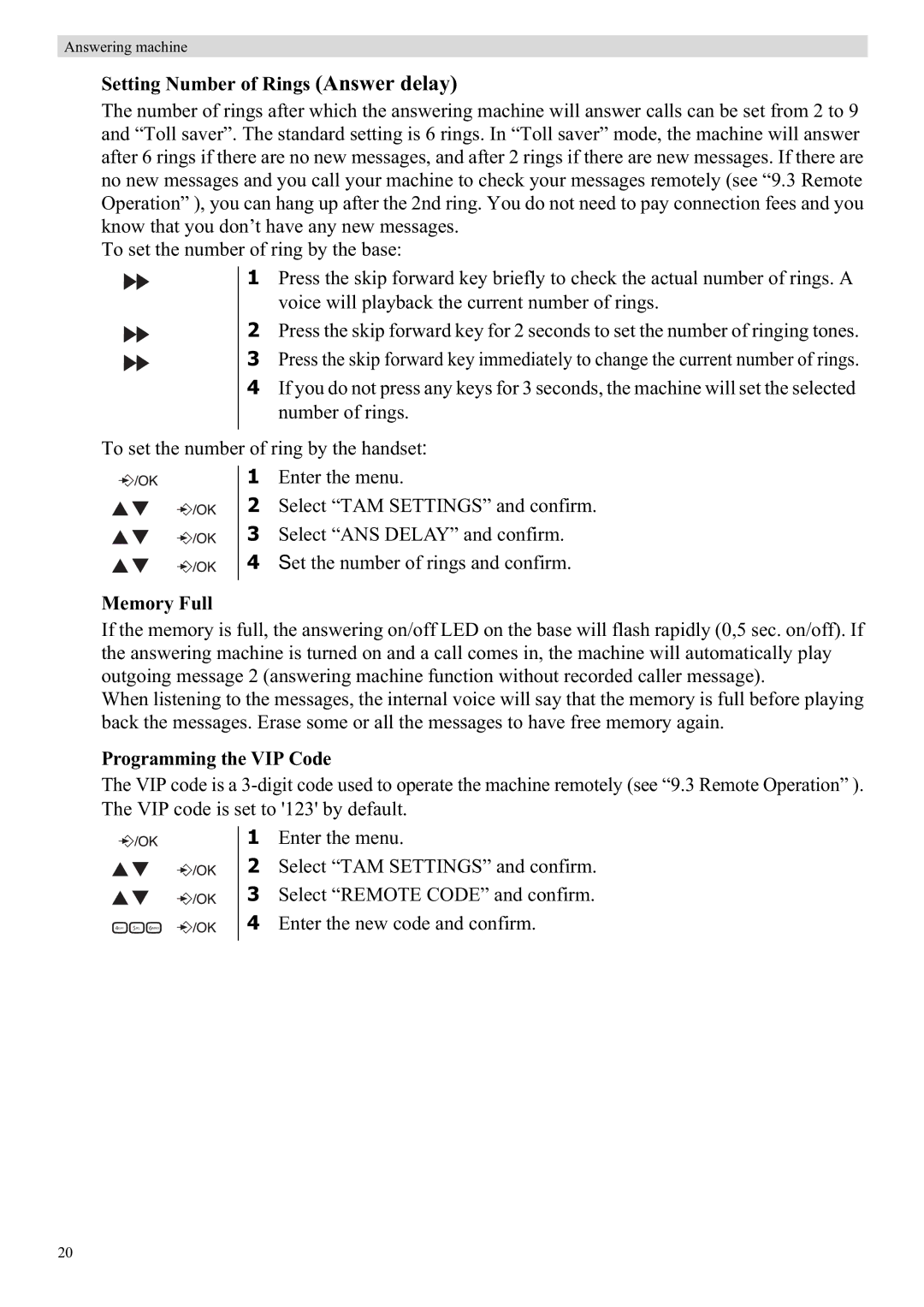 Topcom E450 manual Setting Number of Rings Answer delay, Memory Full, Programming the VIP Code 