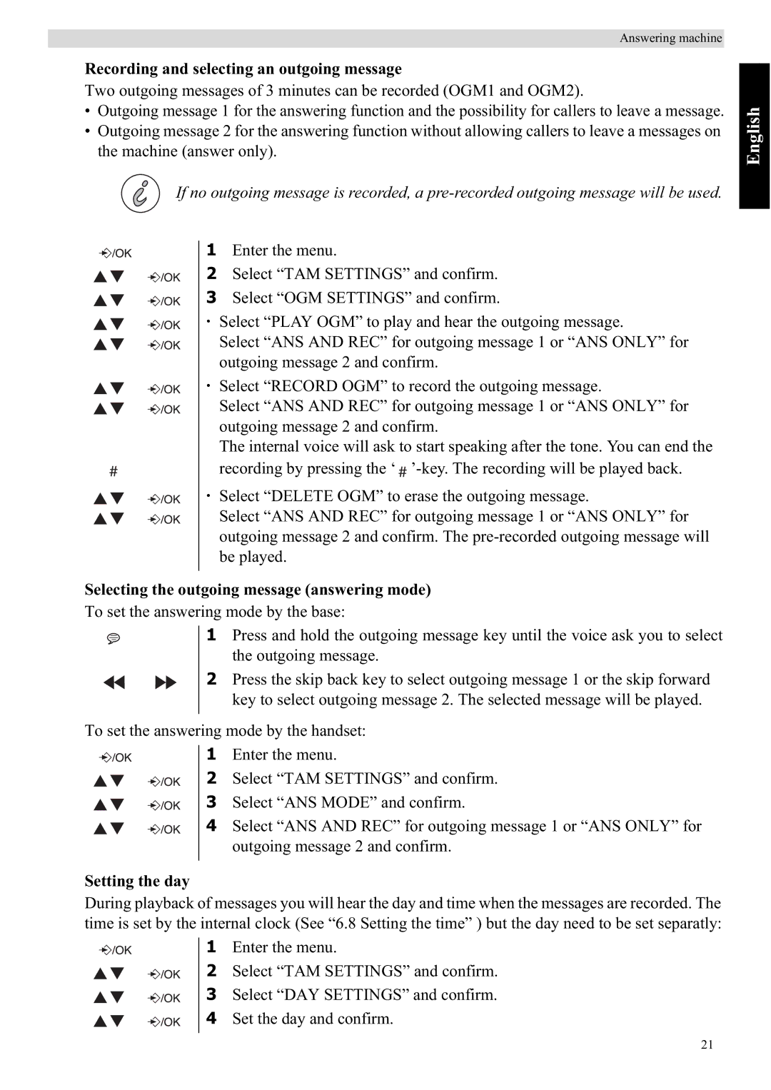 Topcom E450 Recording and selecting an outgoing message, Selecting the outgoing message answering mode, Setting the day 