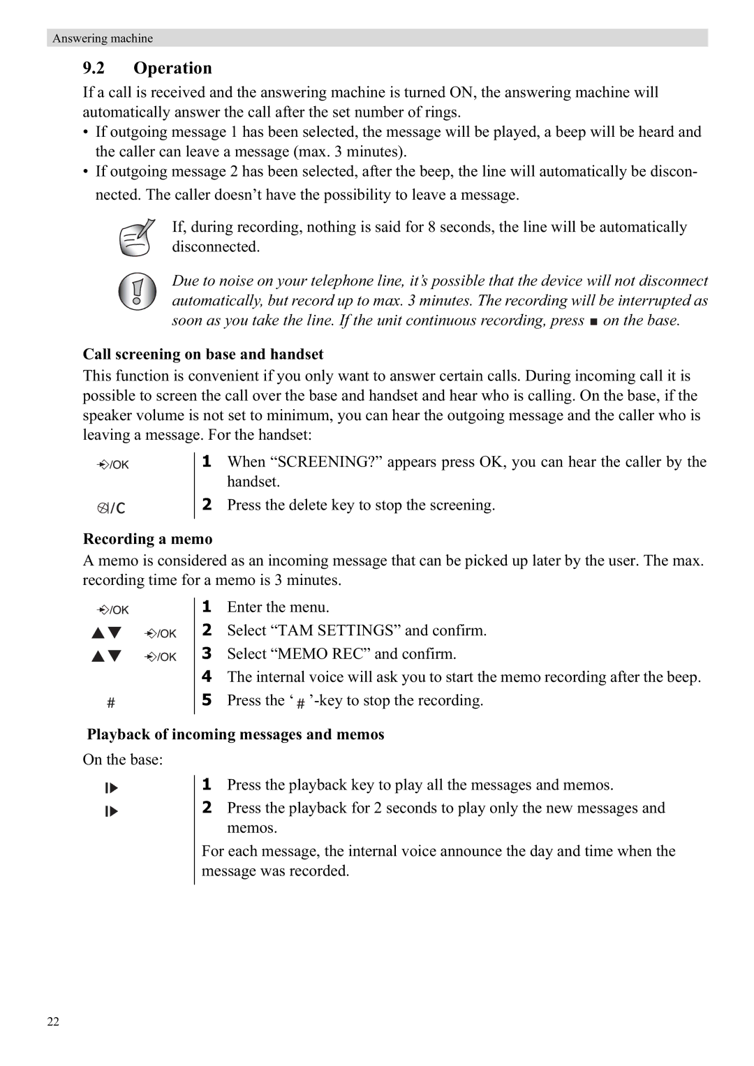 Topcom E450 manual Operation, Call screening on base and handset, Recording a memo, Playback of incoming messages and memos 