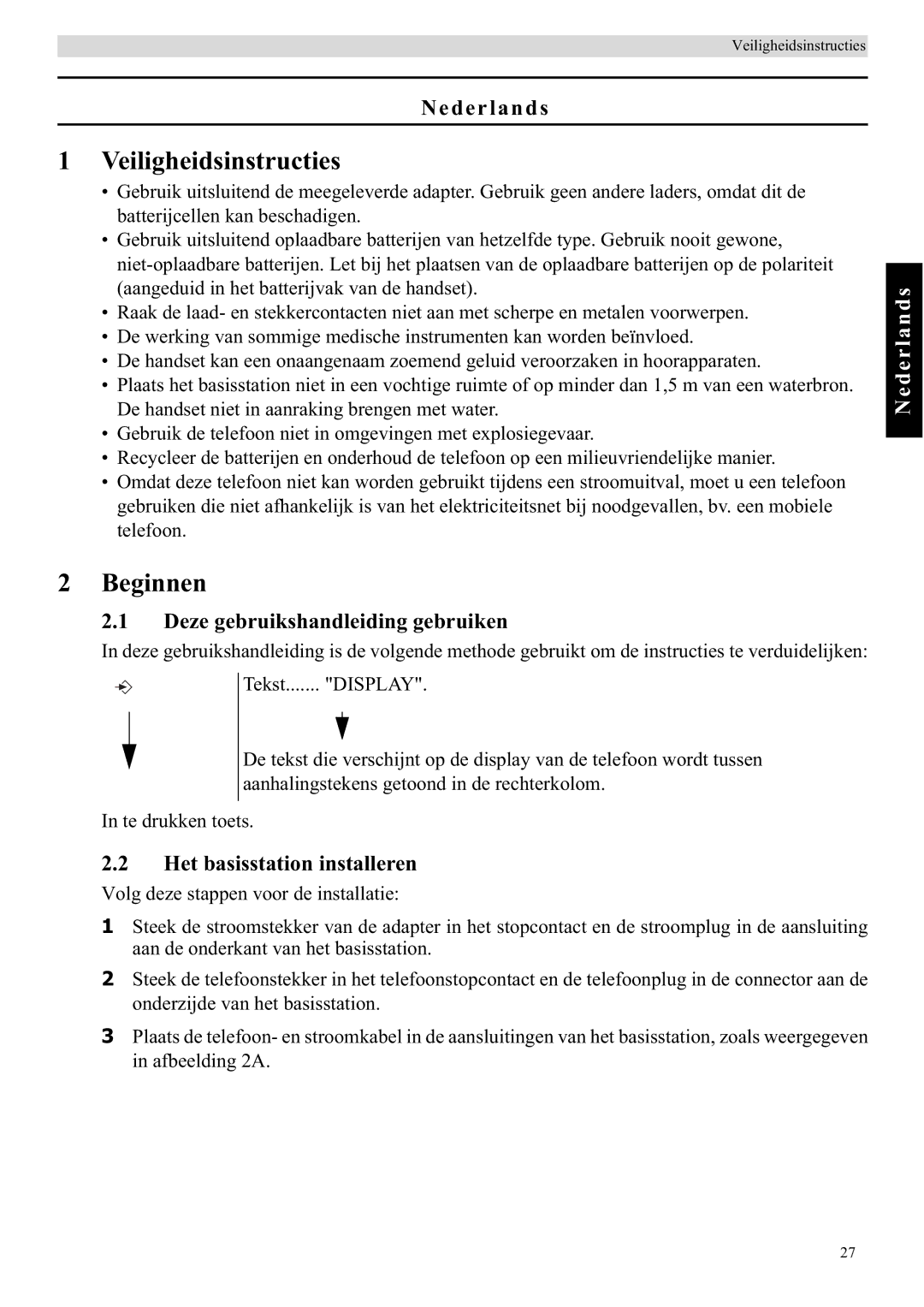 Topcom E450 Veiligheidsinstructies, Beginnen, Nederlands, Deze gebruikshandleiding gebruiken, Het basisstation installeren 