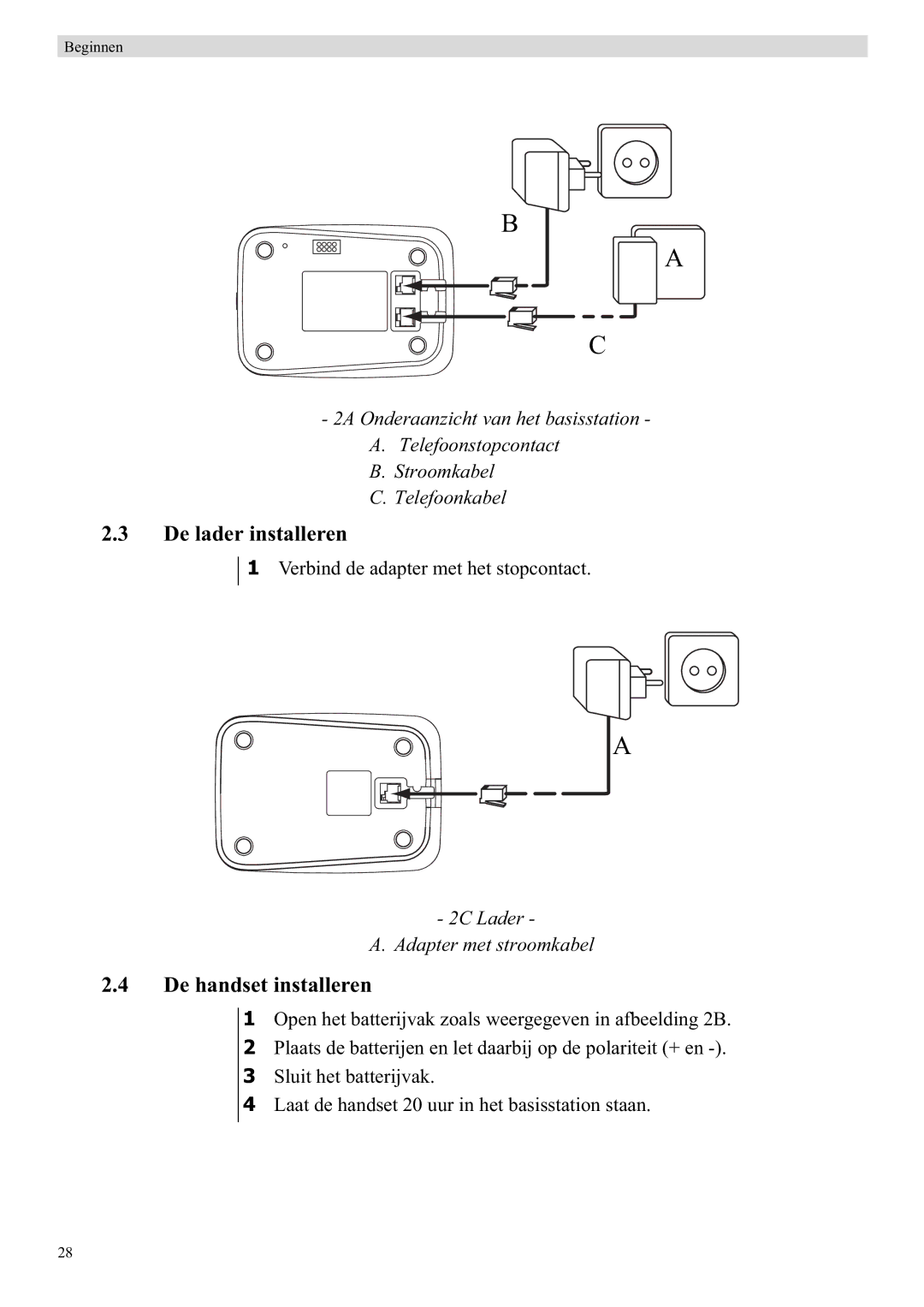 Topcom E450 manual De lader installeren, De handset installeren 