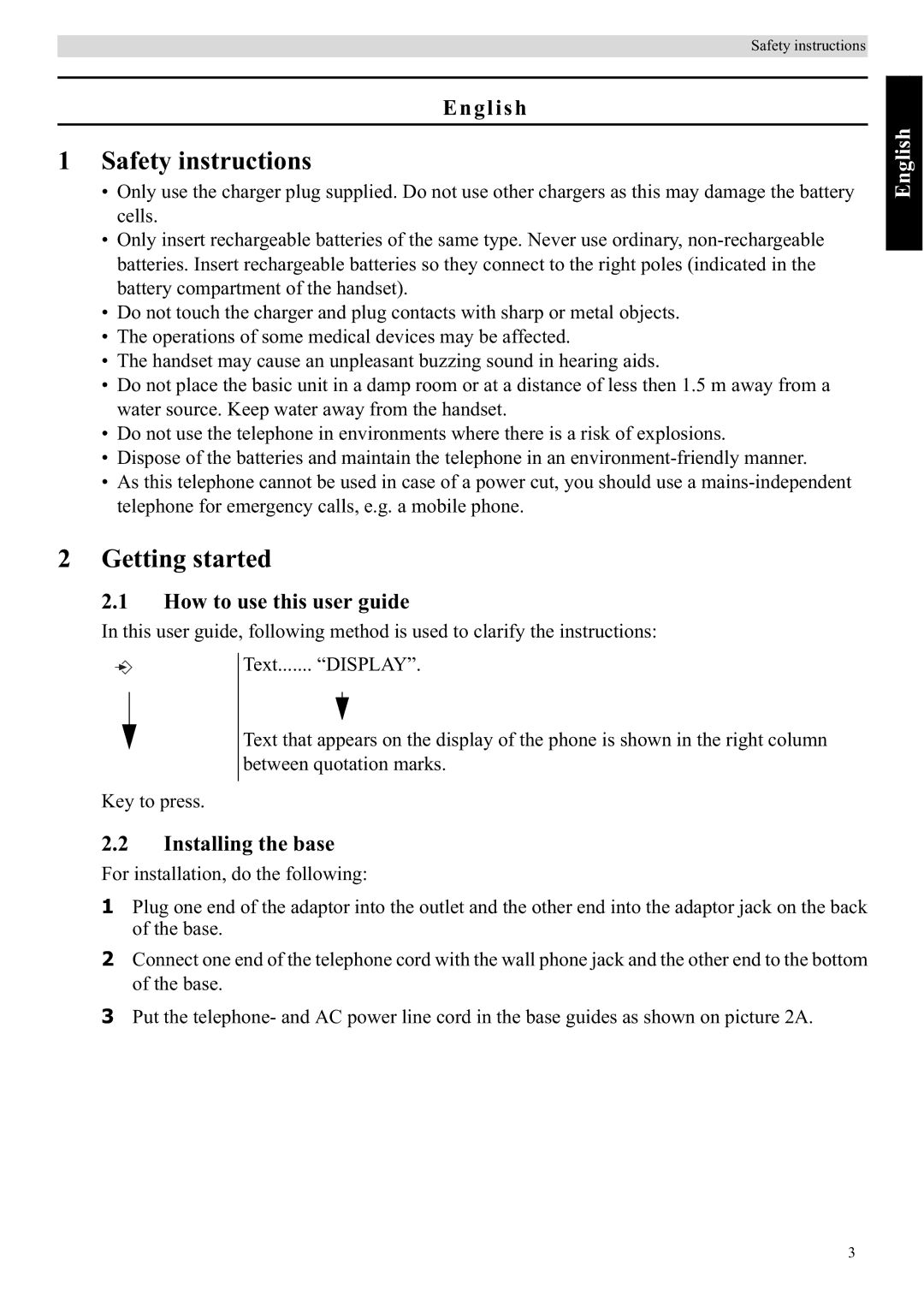 Topcom E450 manual Safety instructions, Getting started, English, How to use this user guide, Installing the base 