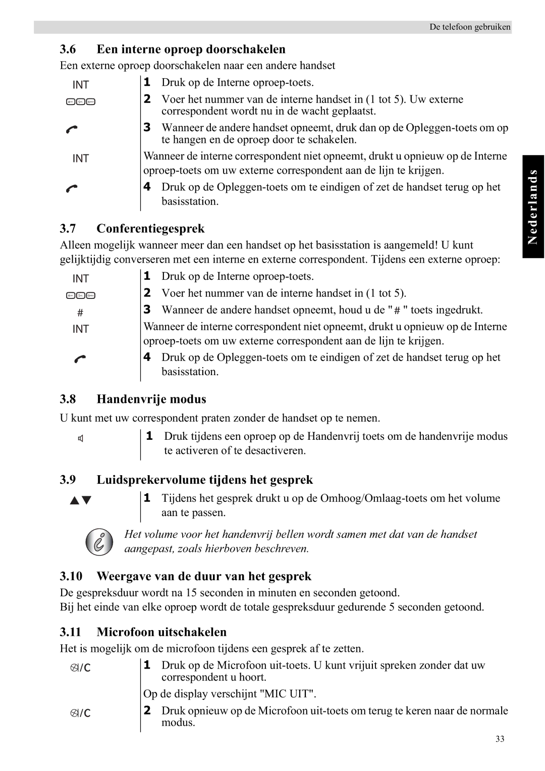 Topcom E450 Een interne oproep doorschakelen, Conferentiegesprek, Handenvrije modus, Luidsprekervolume tijdens het gesprek 