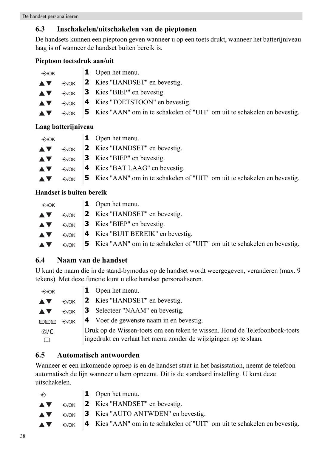 Topcom E450 manual Inschakelen/uitschakelen van de pieptonen, Naam van de handset, Automatisch antwoorden 