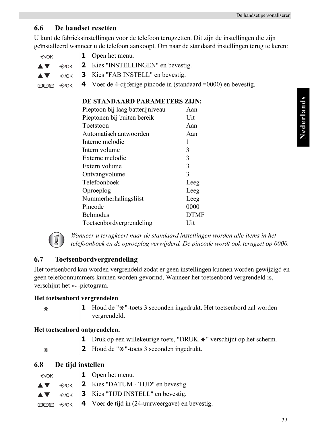 Topcom E450 manual De handset resetten, Toetsenbordvergrendeling, De tijd instellen, Het toetsenbord vergrendelen 