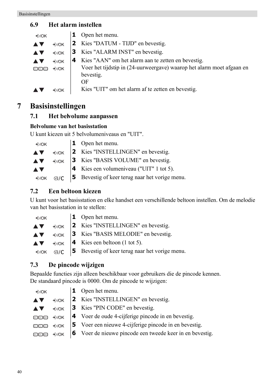 Topcom E450 manual Basisinstellingen, Het alarm instellen, De pincode wijzigen, Belvolume van het basisstation 