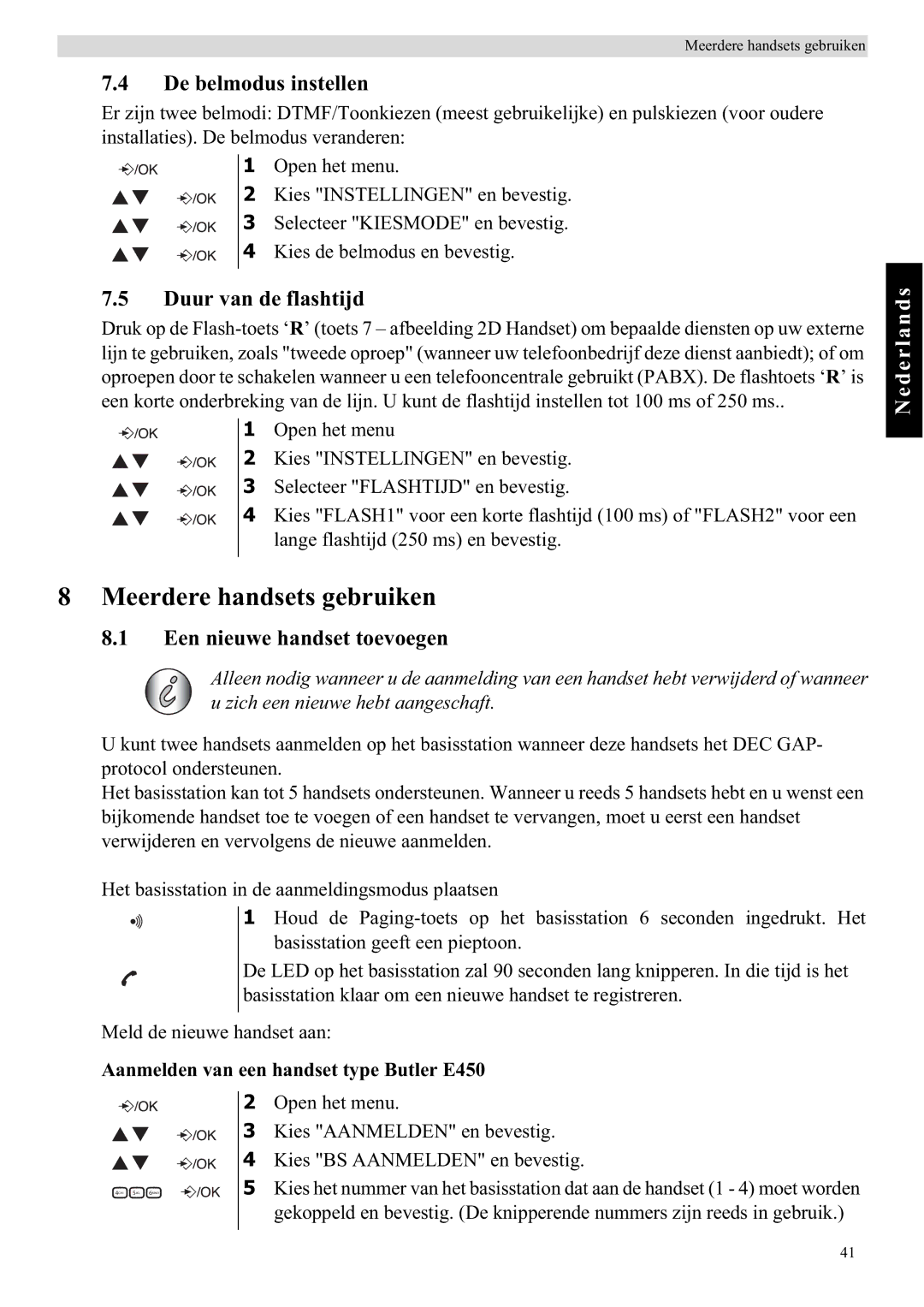 Topcom E450 manual Meerdere handsets gebruiken, De belmodus instellen, Duur van de flashtijd, Een nieuwe handset toevoegen 