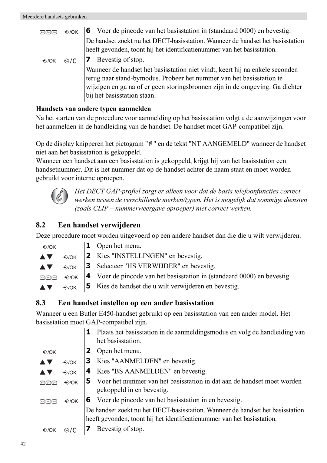 Topcom E450 Een handset verwijderen, Een handset instellen op een ander basisstation, Handsets van andere typen aanmelden 