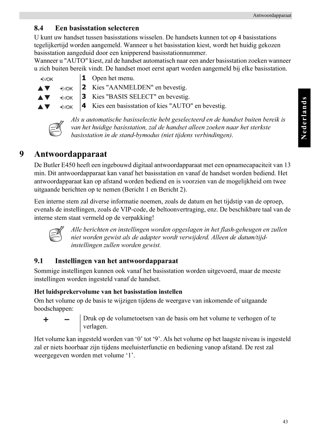 Topcom E450 manual Antwoordapparaat, Een basisstation selecteren, Instellingen van het antwoordapparaat 