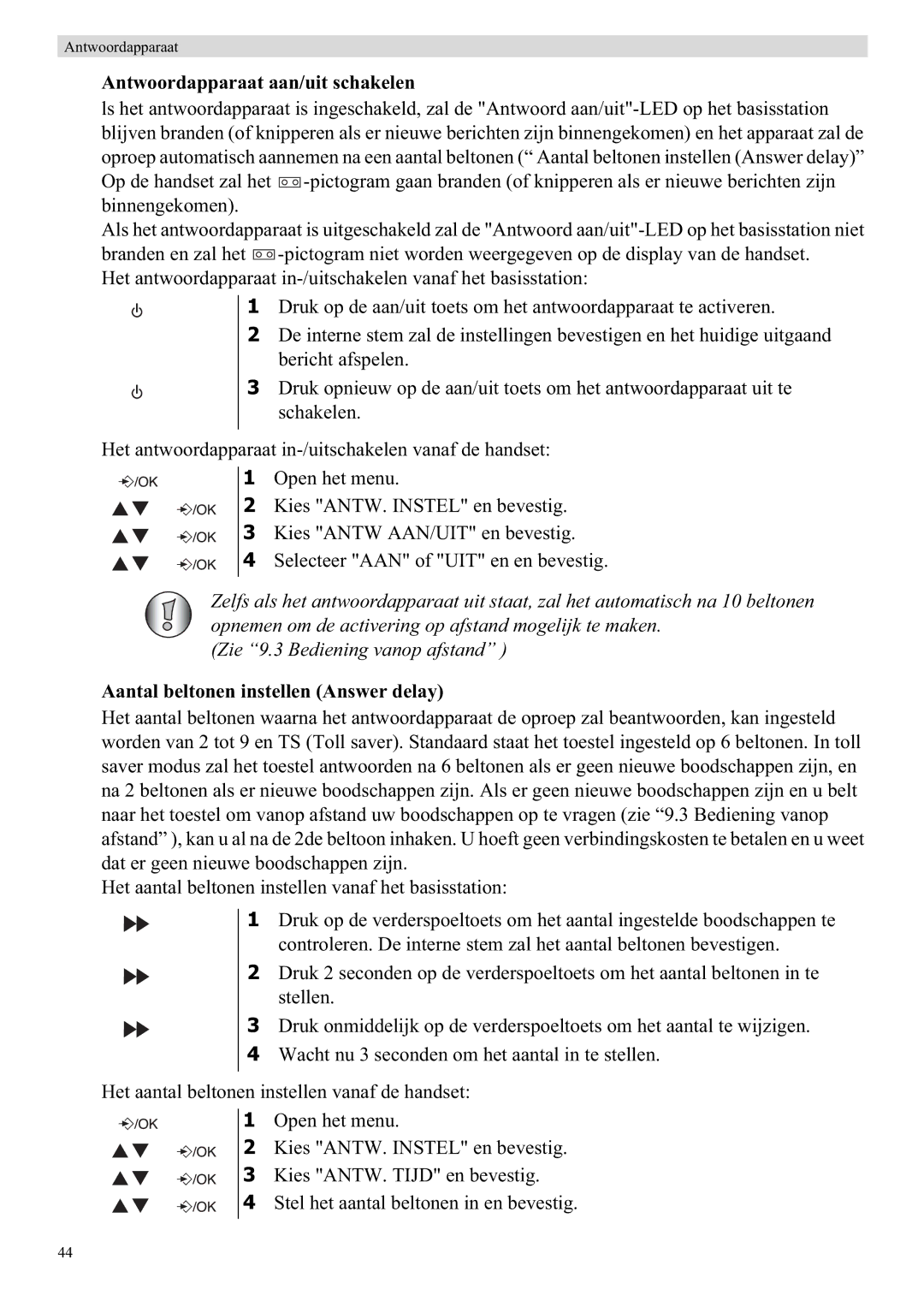 Topcom E450 manual Antwoordapparaat aan/uit schakelen, Aantal beltonen instellen Answer delay 