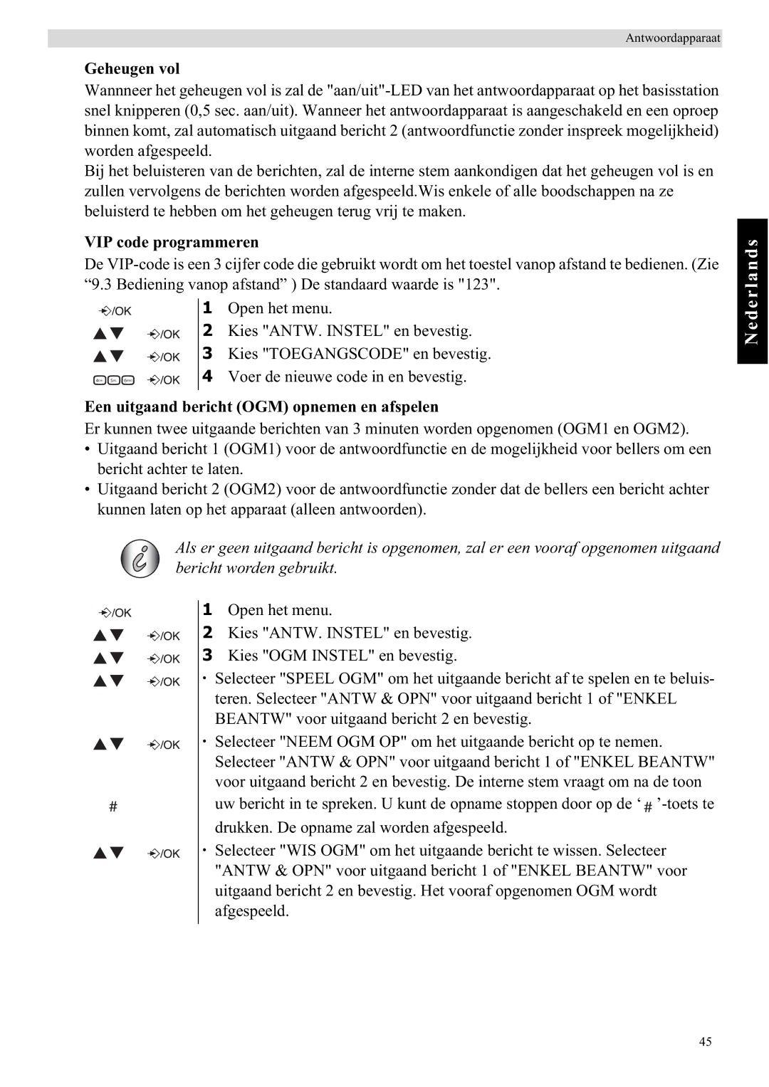 Topcom E450 manual Geheugen vol, VIP code programmeren, Een uitgaand bericht OGM opnemen en afspelen 