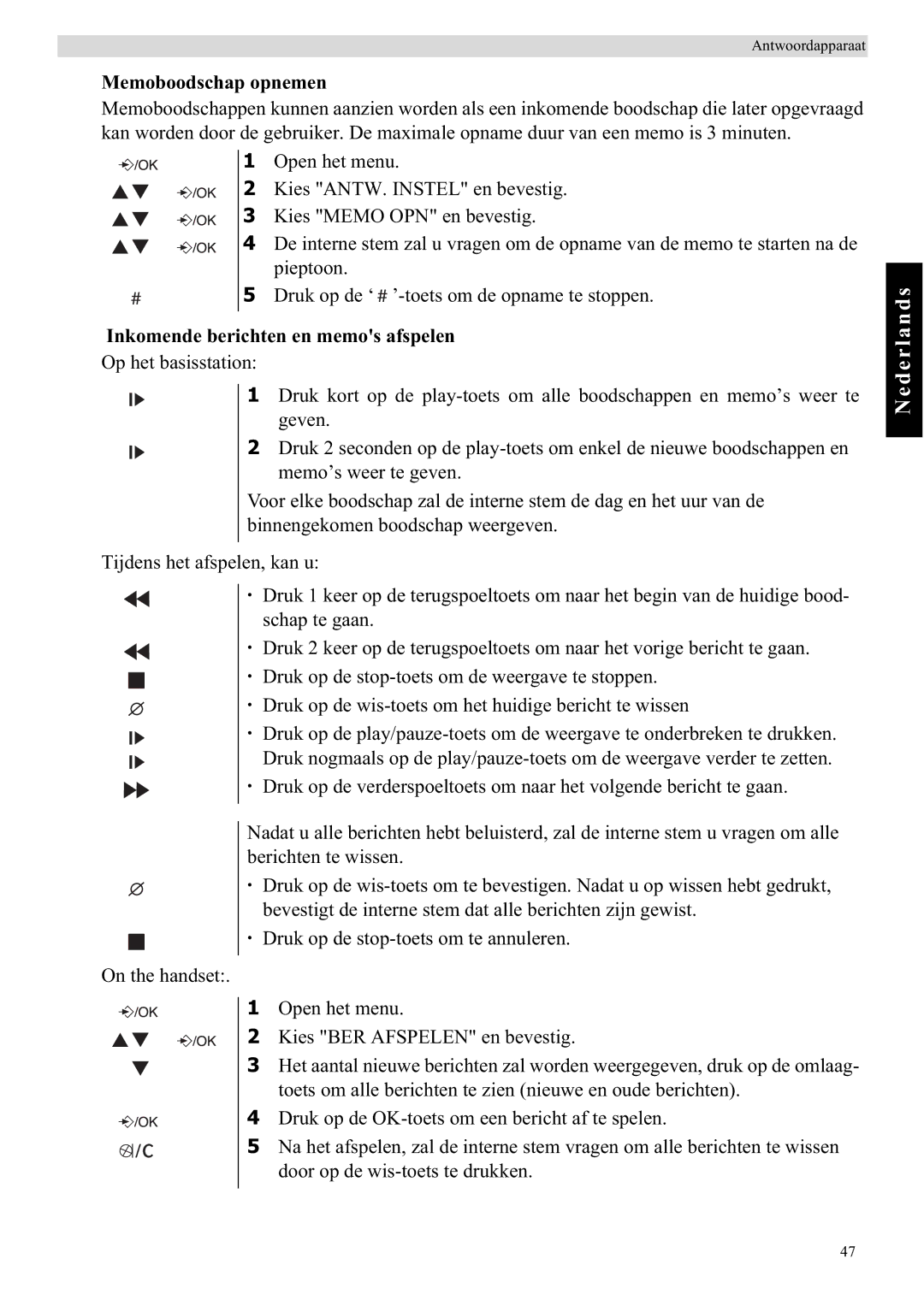 Topcom E450 manual Memoboodschap opnemen, Inkomende berichten en memos afspelen 