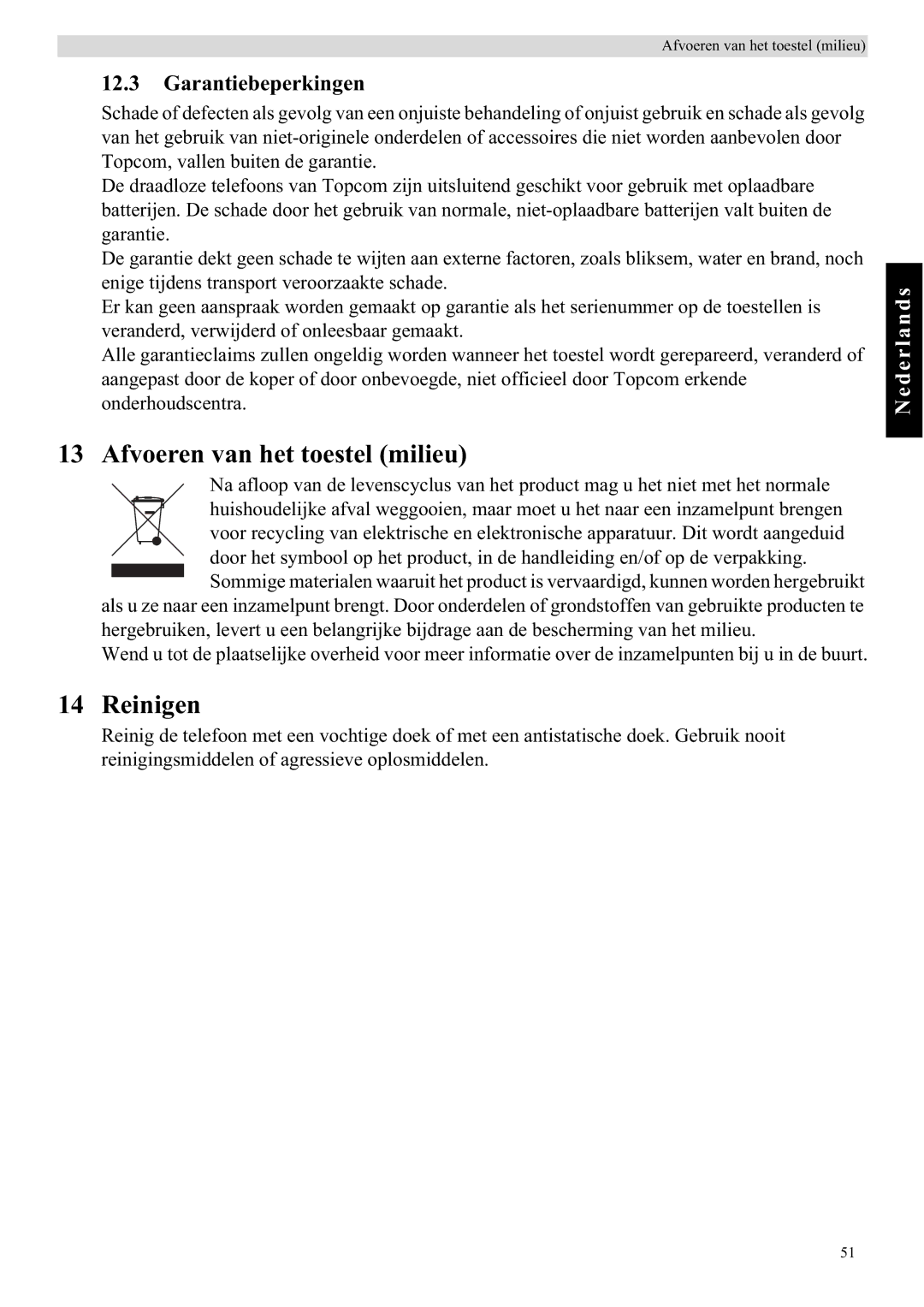 Topcom E450 manual Afvoeren van het toestel milieu, Reinigen, Garantiebeperkingen 