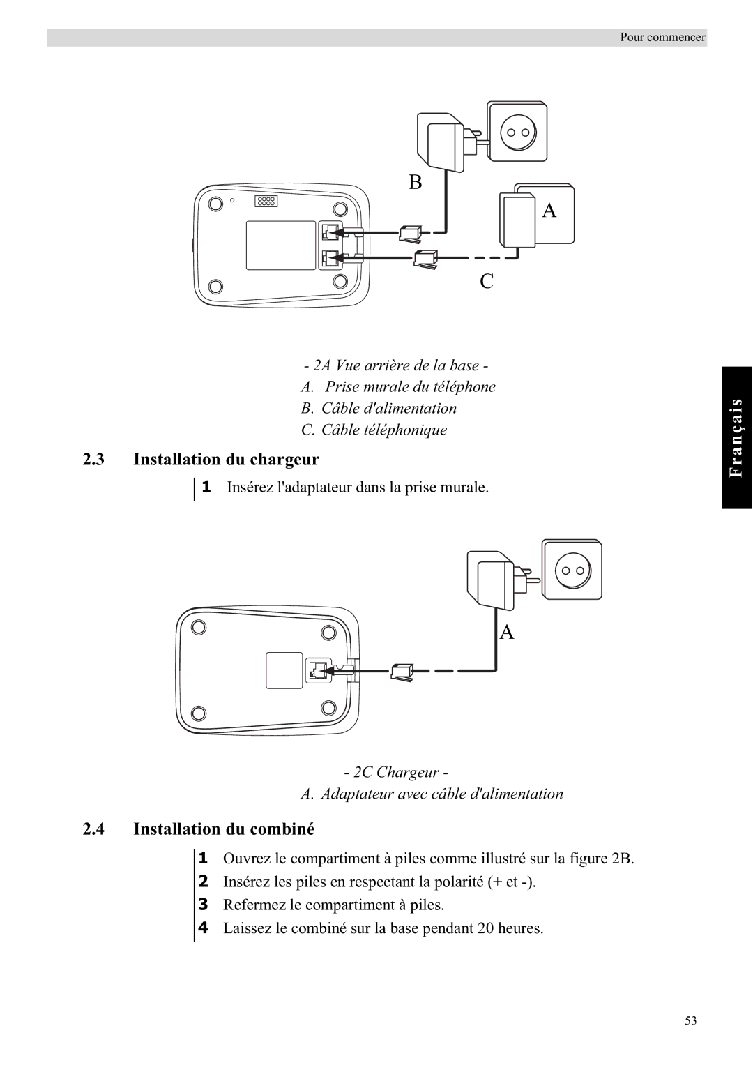 Topcom E450 manual Installation du chargeur, Installation du combiné 