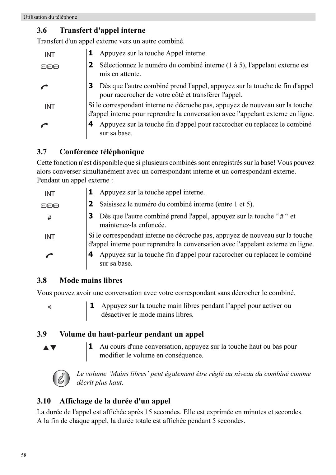 Topcom E450 Transfert dappel interne, Conférence téléphonique, Mode mains libres, Volume du haut-parleur pendant un appel 