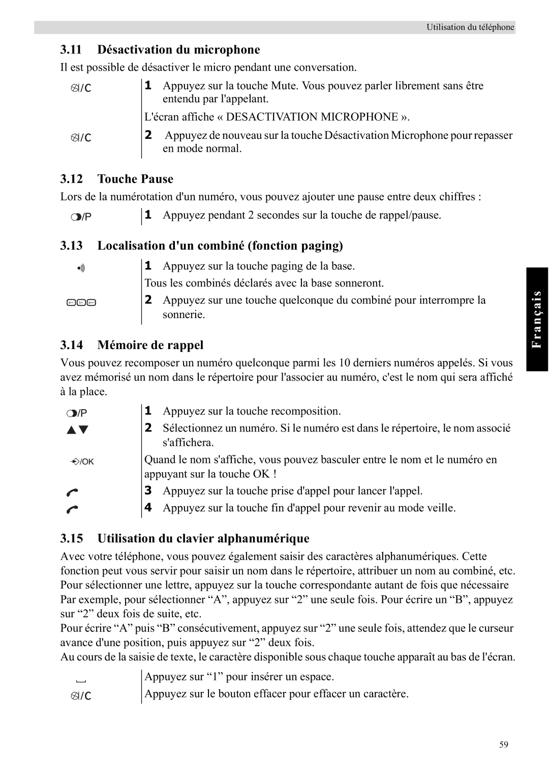 Topcom E450 11 Désactivation du microphone, Touche Pause, Localisation dun combiné fonction paging, 14 Mémoire de rappel 