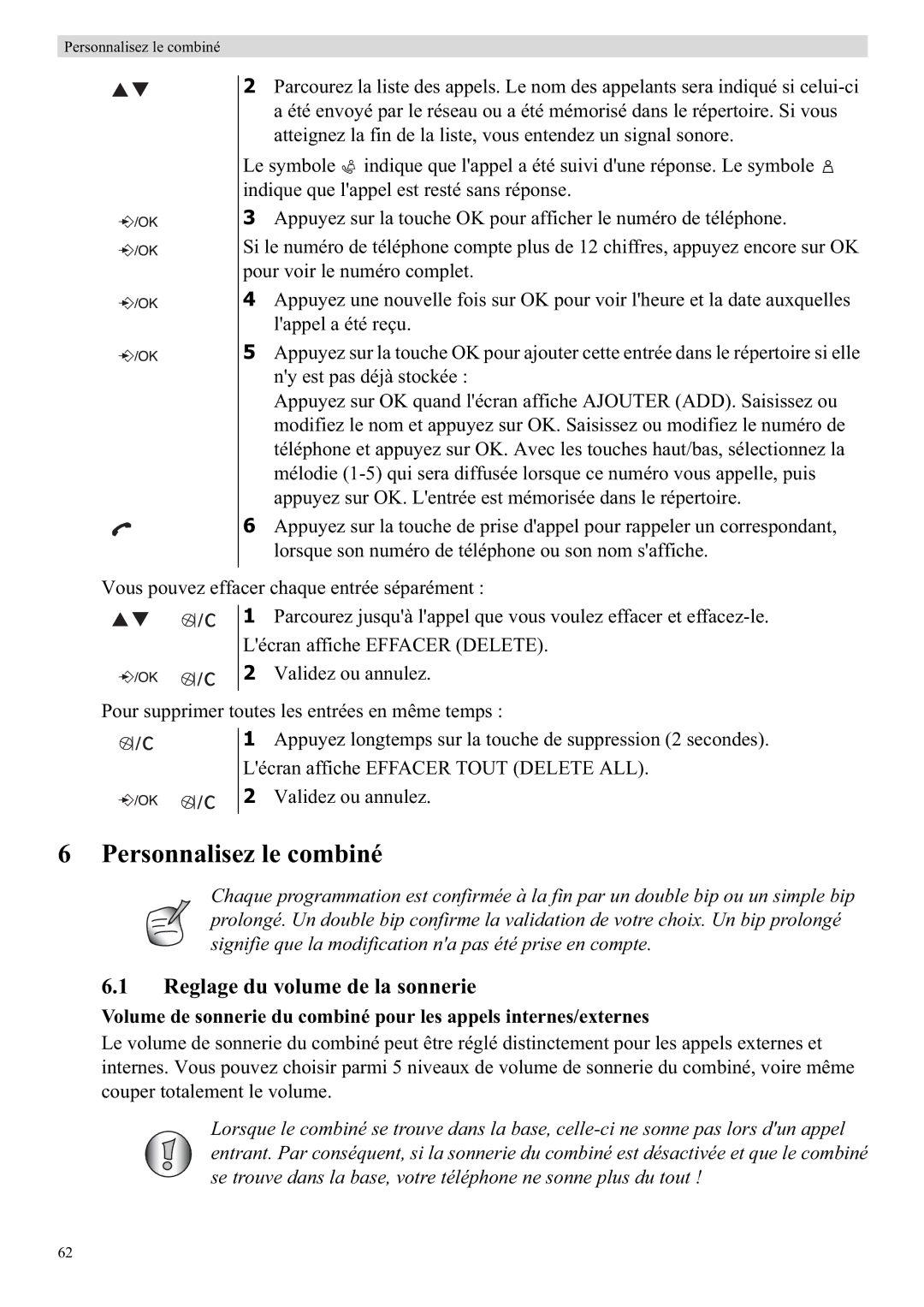 Topcom E450 manual Personnalisez le combiné, Reglage du volume de la sonnerie 