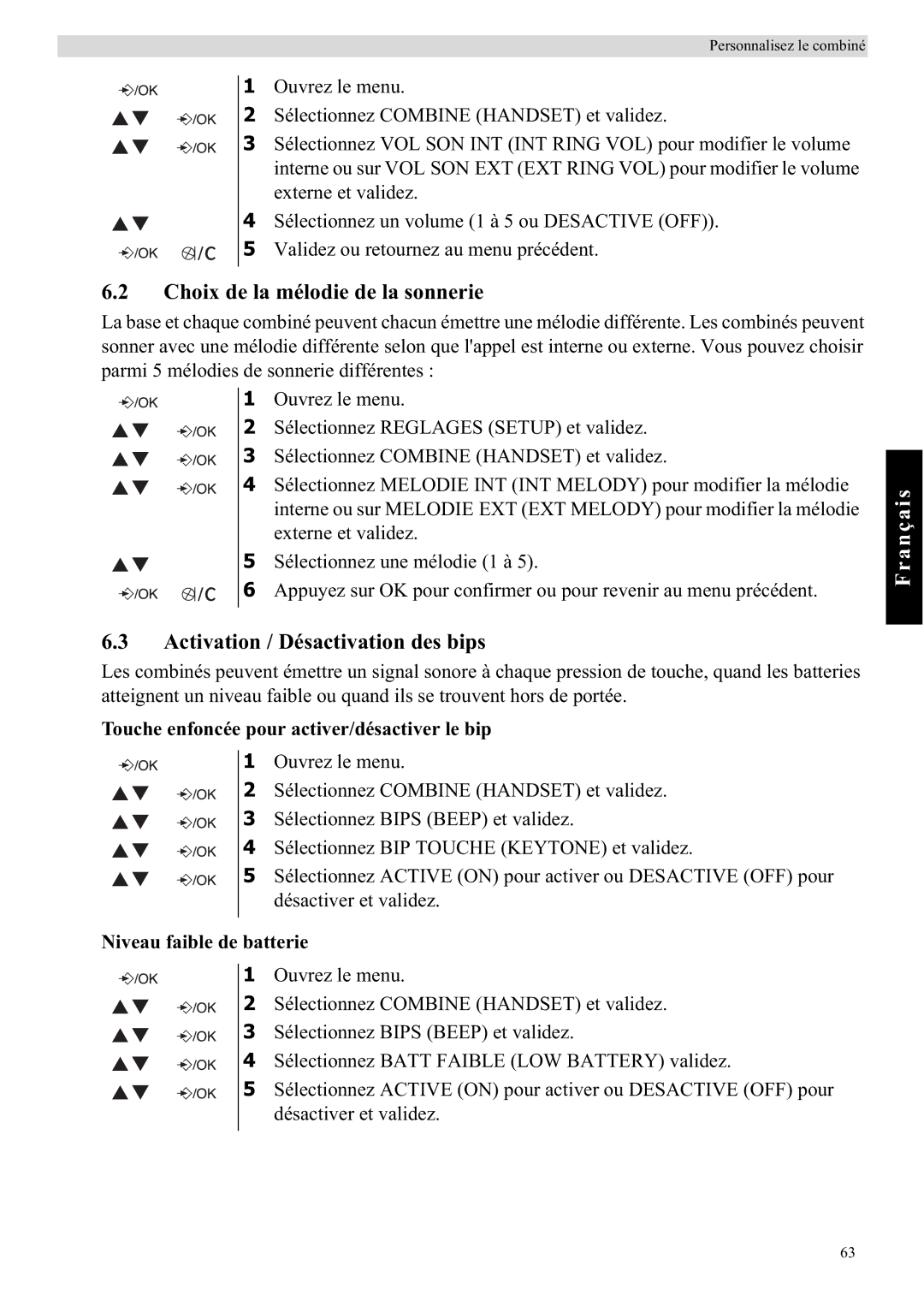 Topcom E450 manual Choix de la mélodie de la sonnerie, Activation / Désactivation des bips, Niveau faible de batterie 