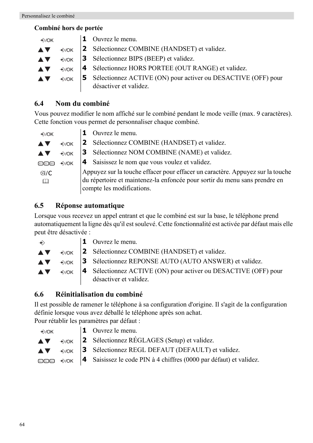 Topcom E450 manual Nom du combiné, Réponse automatique, Réinitialisation du combiné, Combiné hors de portée 