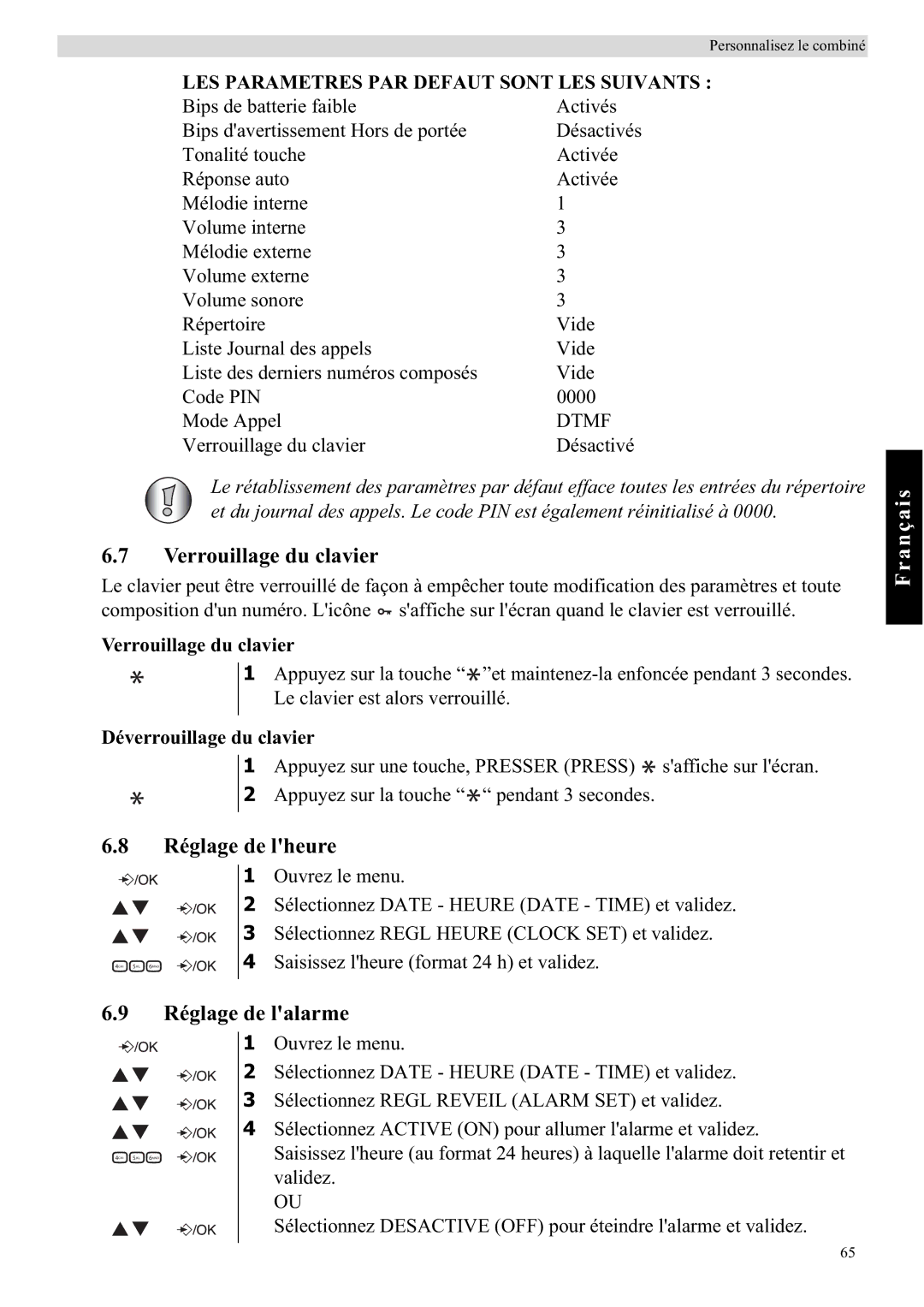 Topcom E450 manual Verrouillage du clavier, Réglage de lheure, Réglage de lalarme, Déverrouillage du clavier 