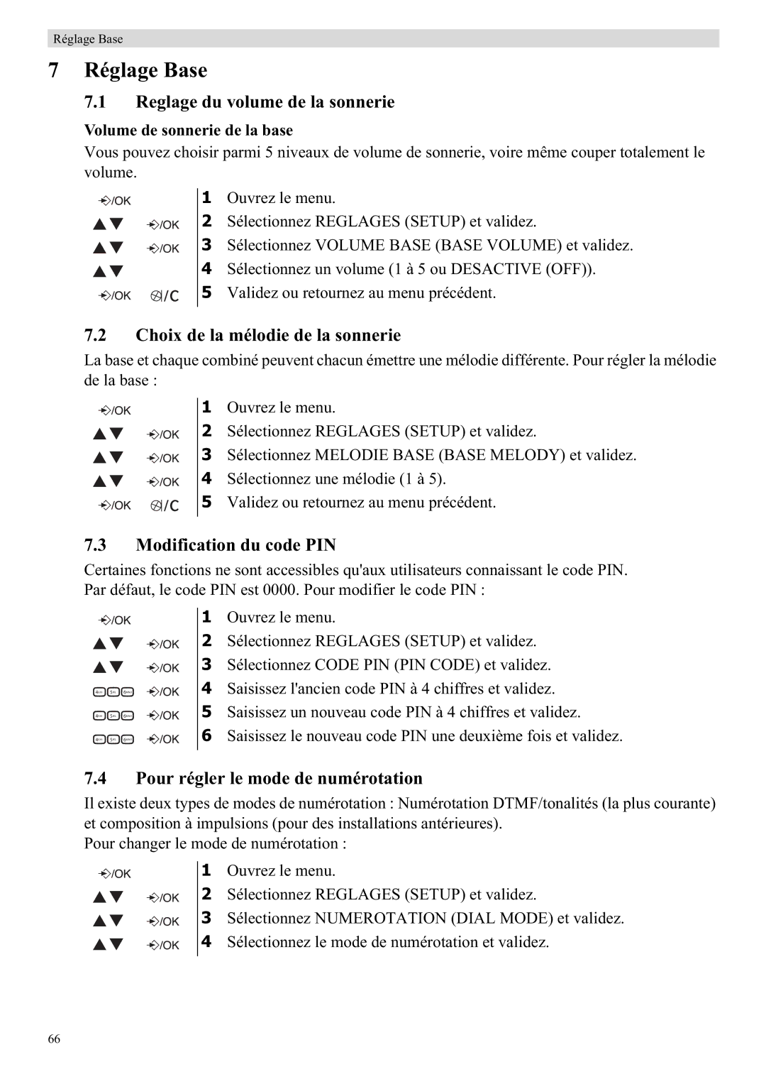 Topcom E450 Réglage Base, Modification du code PIN, Pour régler le mode de numérotation, Volume de sonnerie de la base 