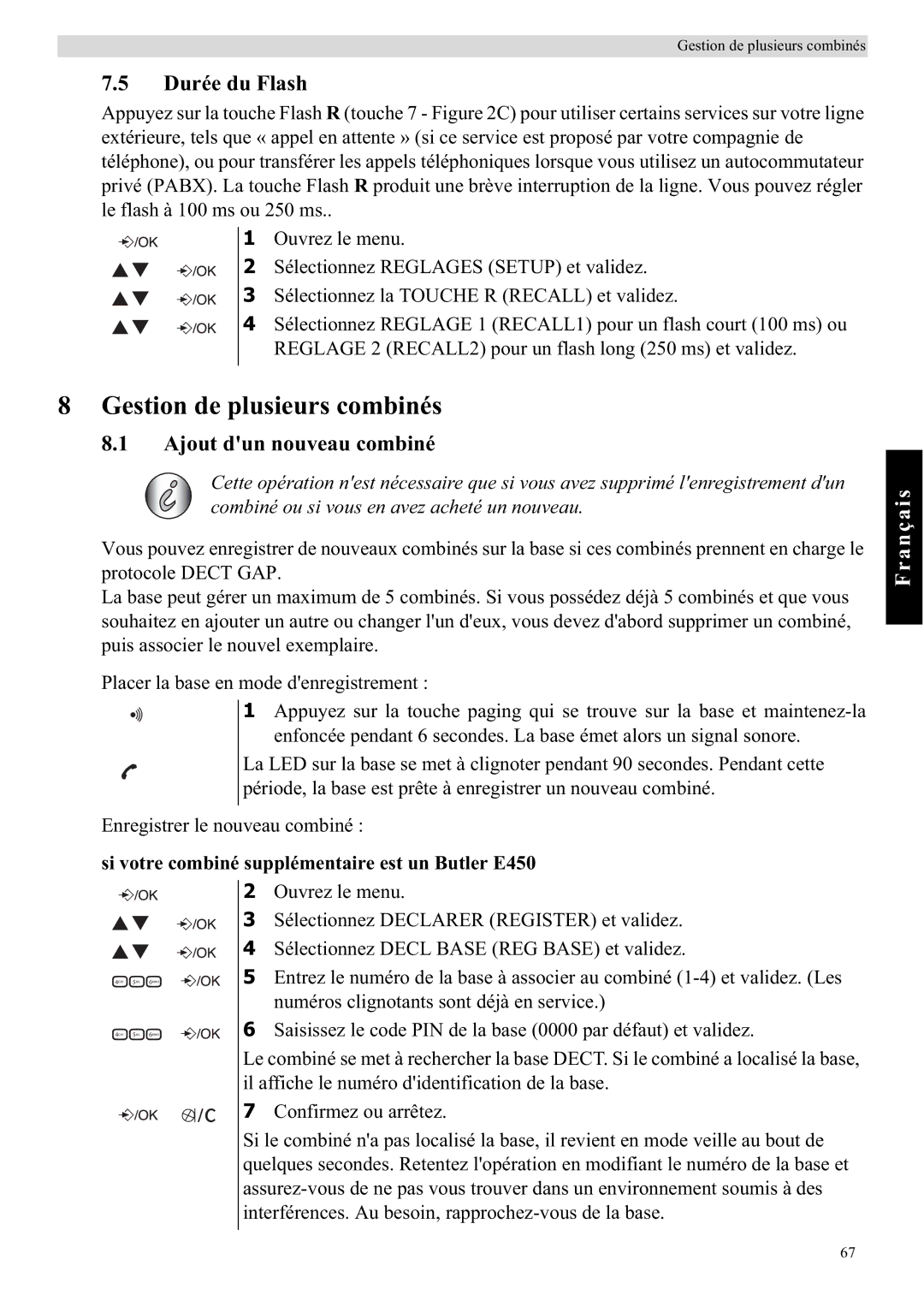 Topcom E450 manual Gestion de plusieurs combinés, Durée du Flash, Ajout dun nouveau combiné 