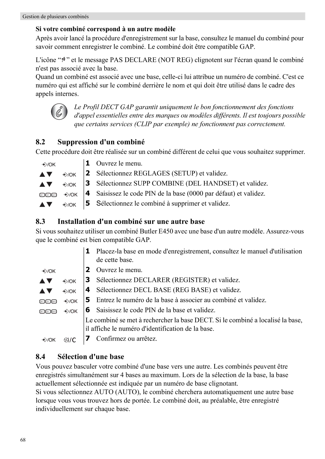 Topcom E450 manual Suppression dun combiné, Installation dun combiné sur une autre base, Sélection dune base 