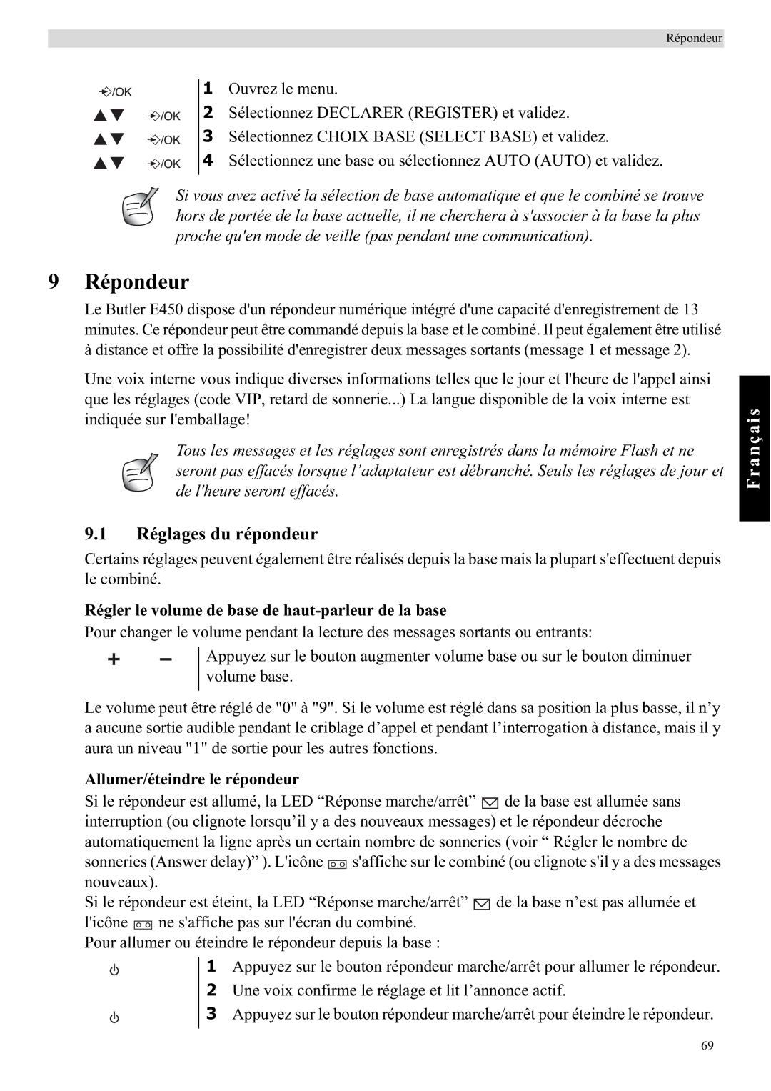 Topcom E450 manual Répondeur, Réglages du répondeur, Régler le volume de base de haut-parleur de la base 