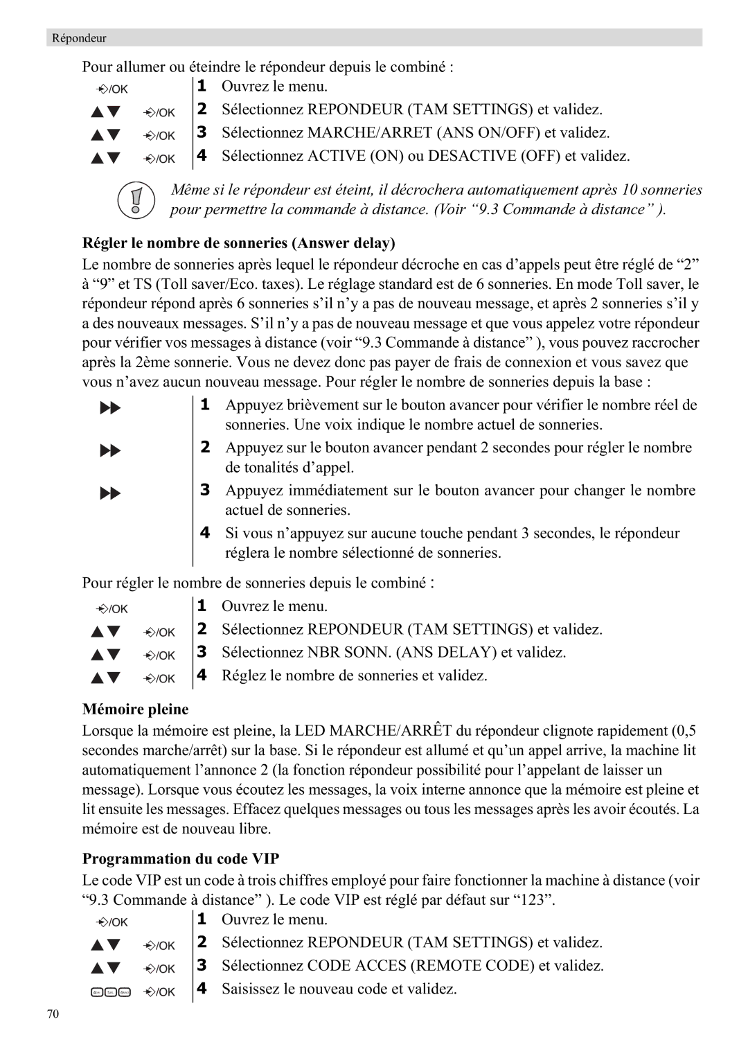 Topcom E450 manual Régler le nombre de sonneries Answer delay, Mémoire pleine, Programmation du code VIP 