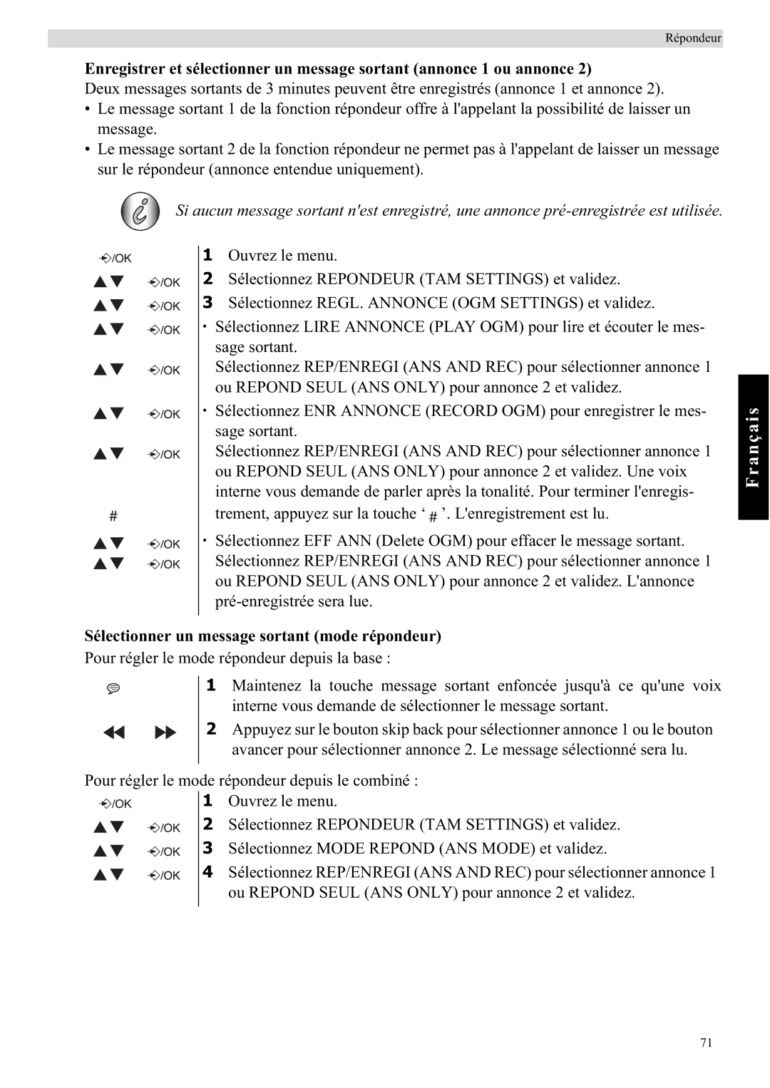 Topcom E450 manual Sélectionner un message sortant mode répondeur 