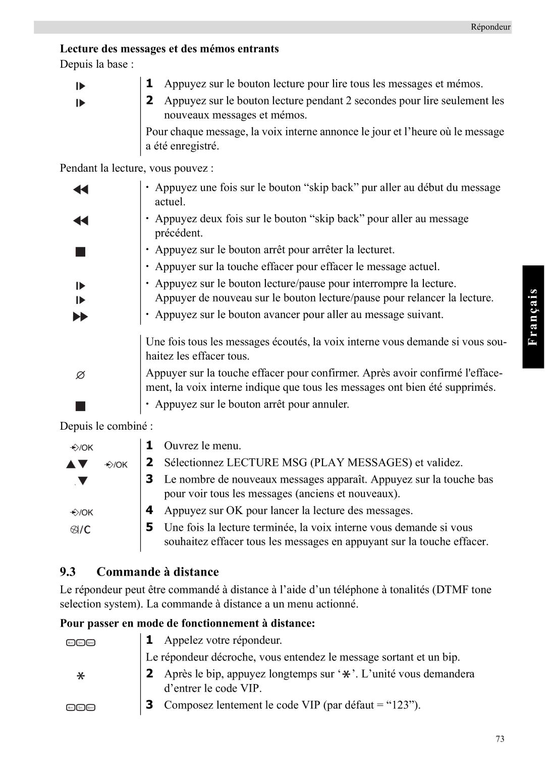 Topcom E450 manual Commande à distance, Lecture des messages et des mémos entrants 