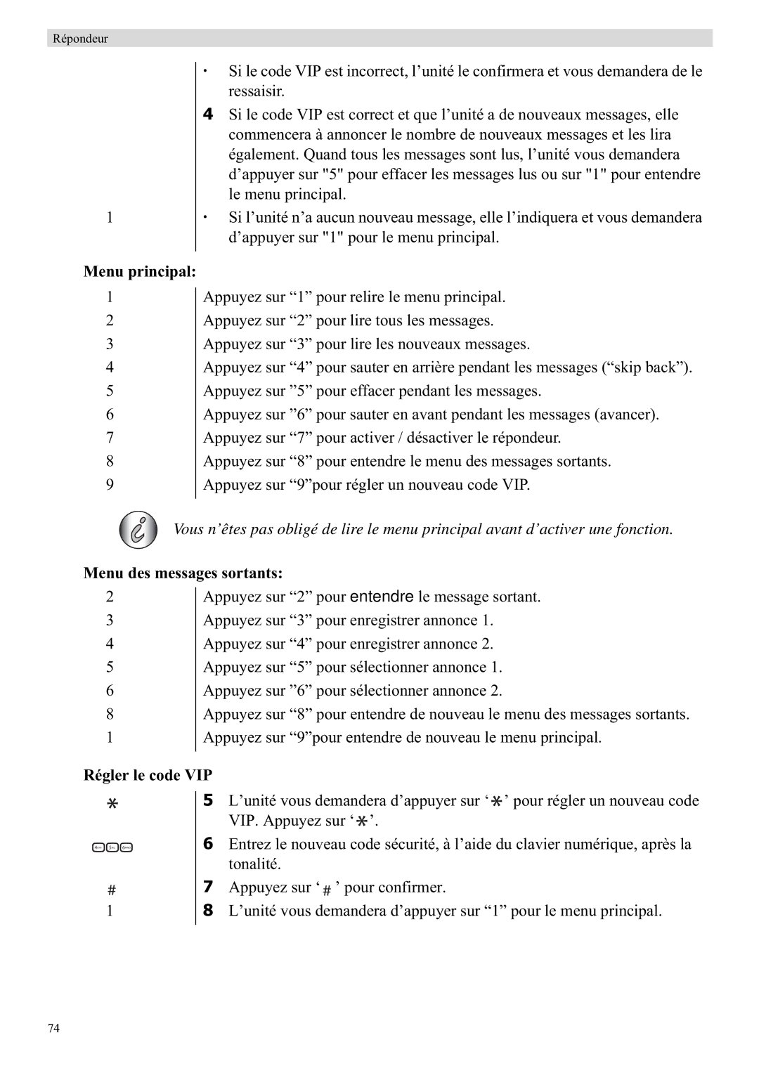 Topcom E450 manual Menu principal, Menu des messages sortants, Régler le code VIP 