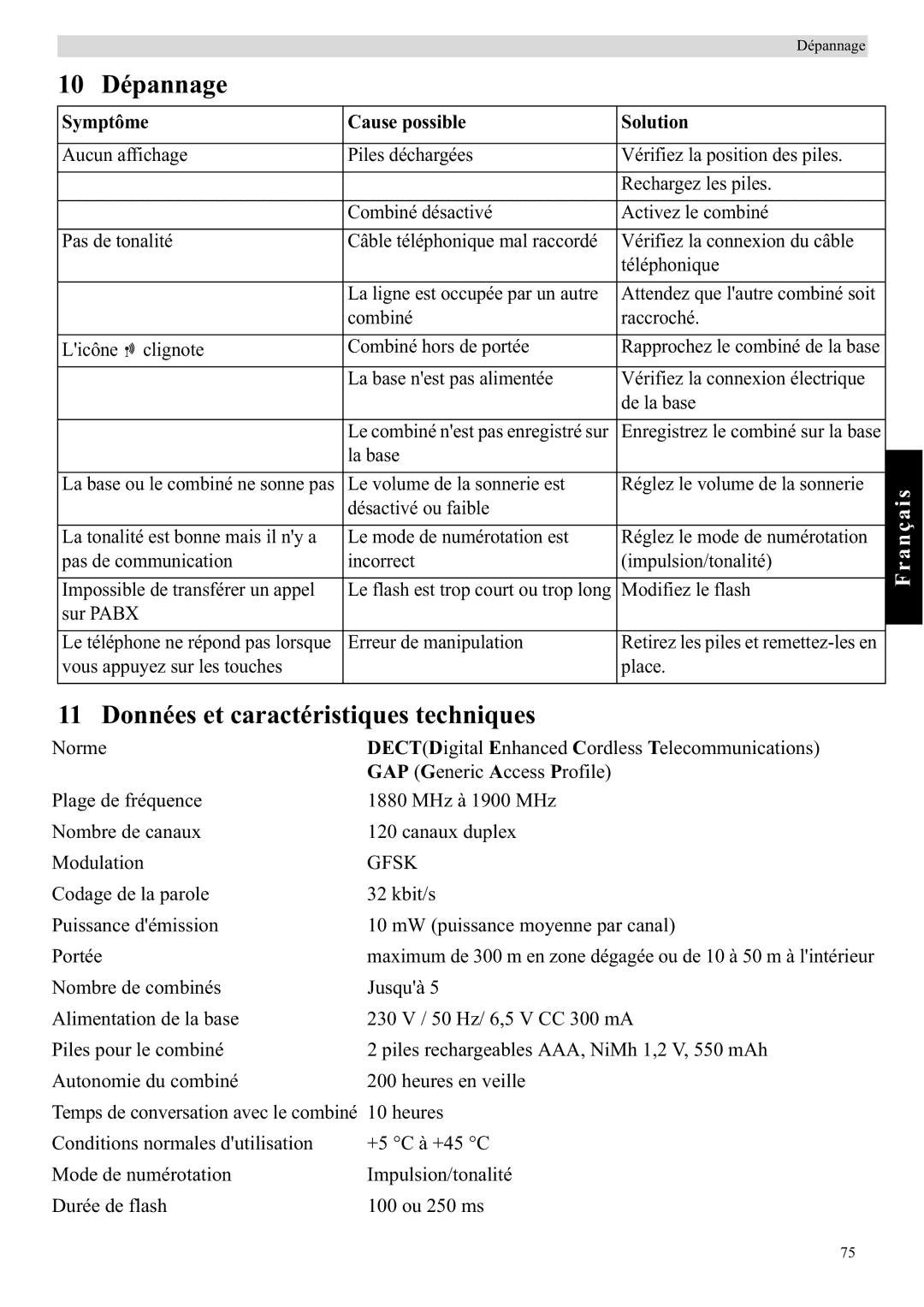 Topcom E450 manual 10 Dépannage, Données et caractéristiques techniques, Symptôme Cause possible Solution 